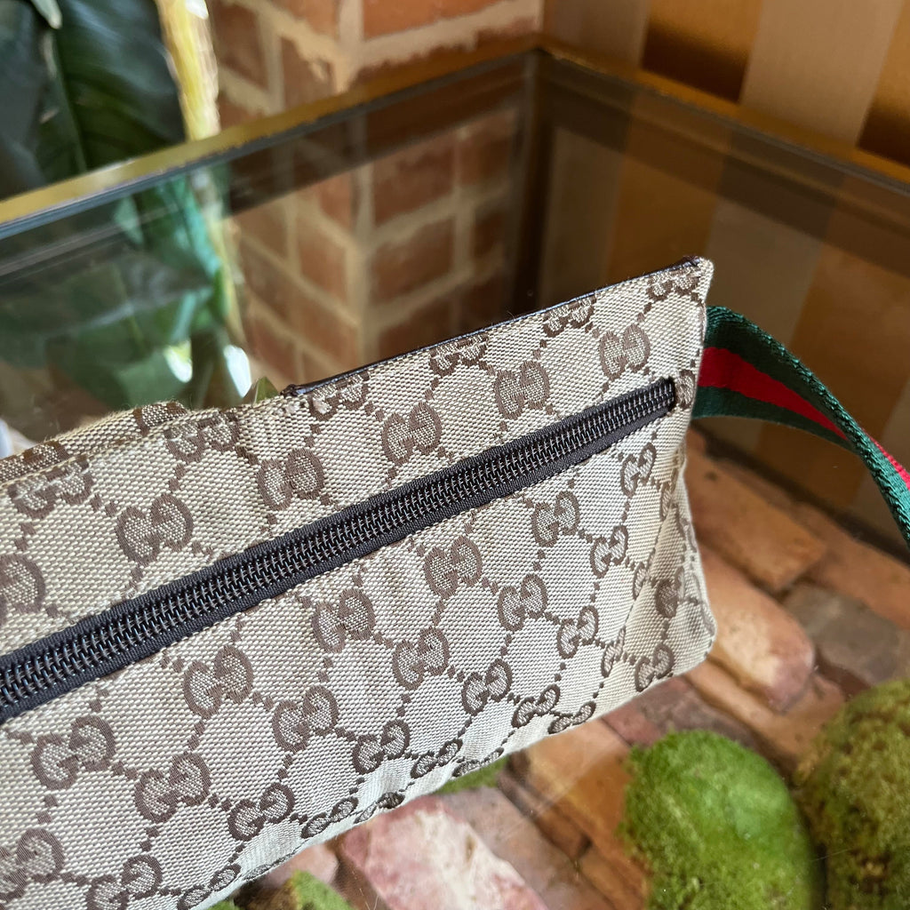 GUCCI Beige Brown GG Web Canvas Double Pocket Belt Bag