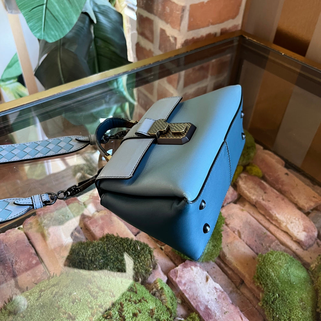 BOTTEGA VENETA Small Piazza Blue Nappa Leather Top Handle Bag