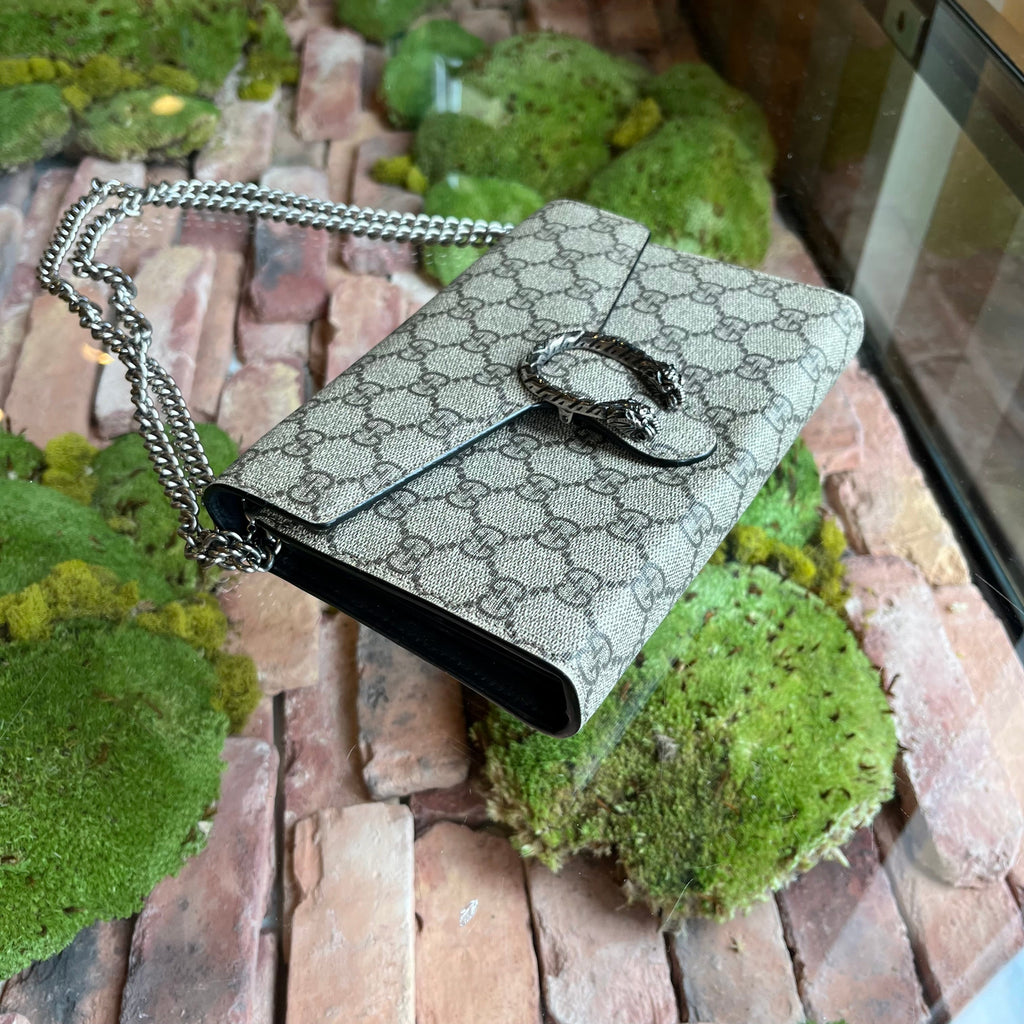 GUCCI Mini Dionysus Wallet on Chain Beige GG Supreme Monogram Crossbody