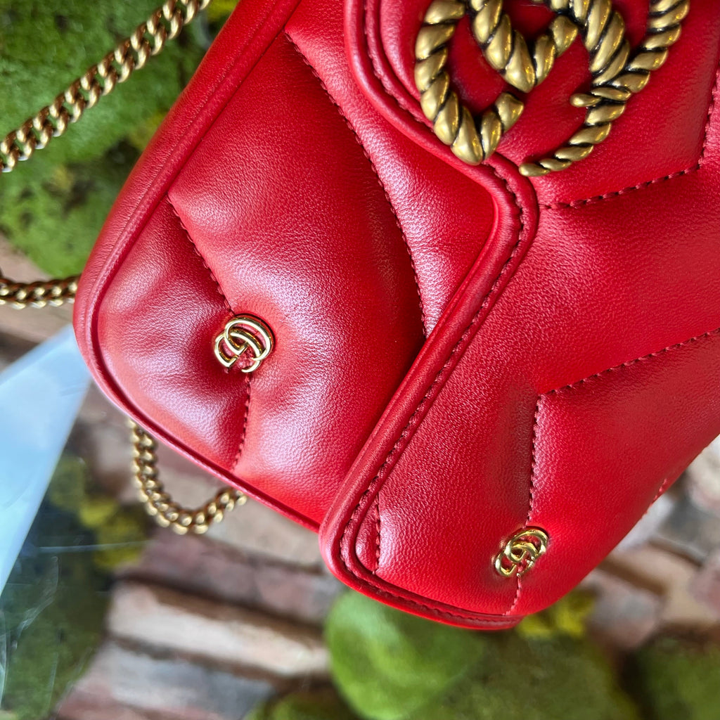 GUCCI GG Marmont Mini Red Matelassé Double G Studs Torchon Shoulder Bag
