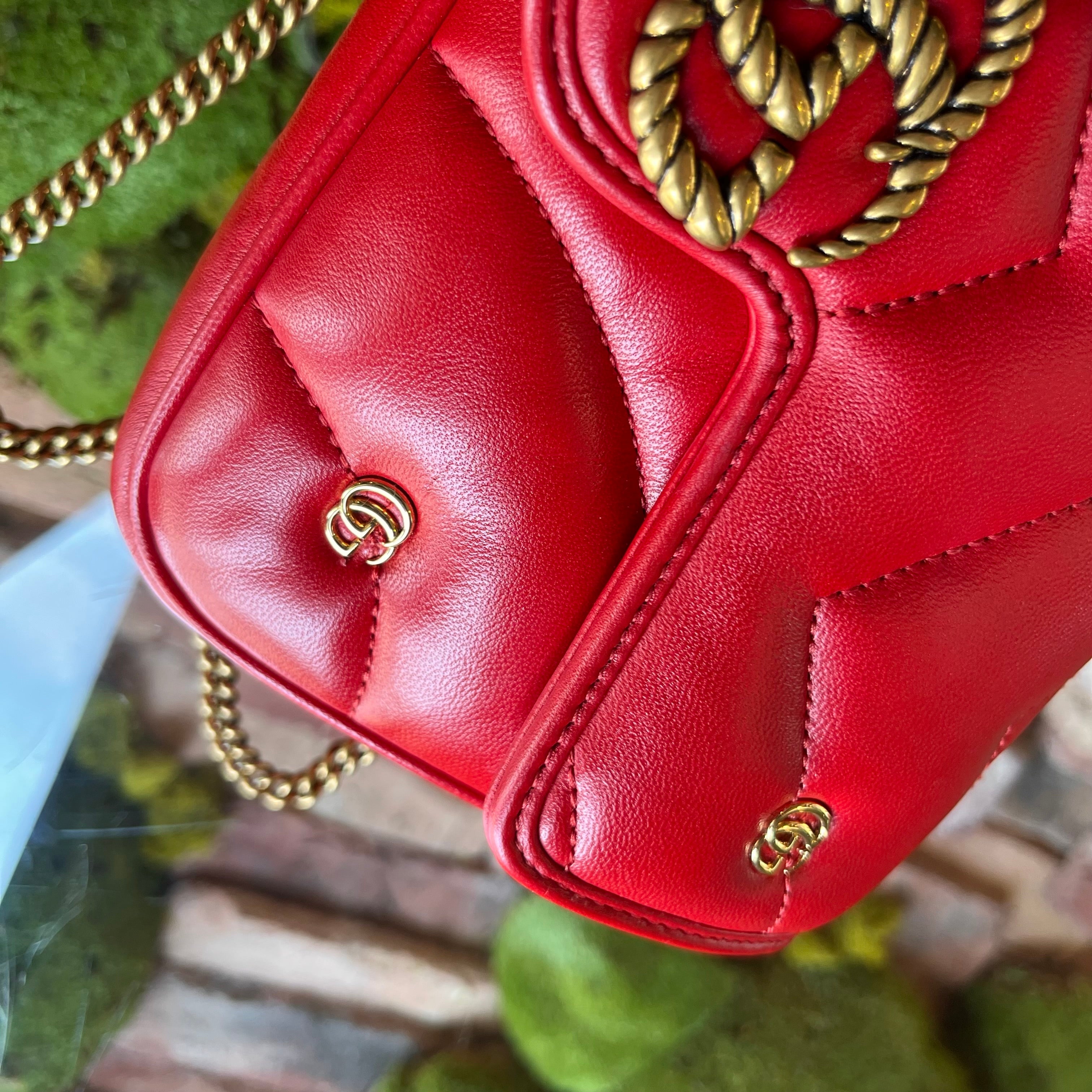 GUCCI GG Marmont Mini Red Matelassé Double G Studs Torchon Shoulder Bag