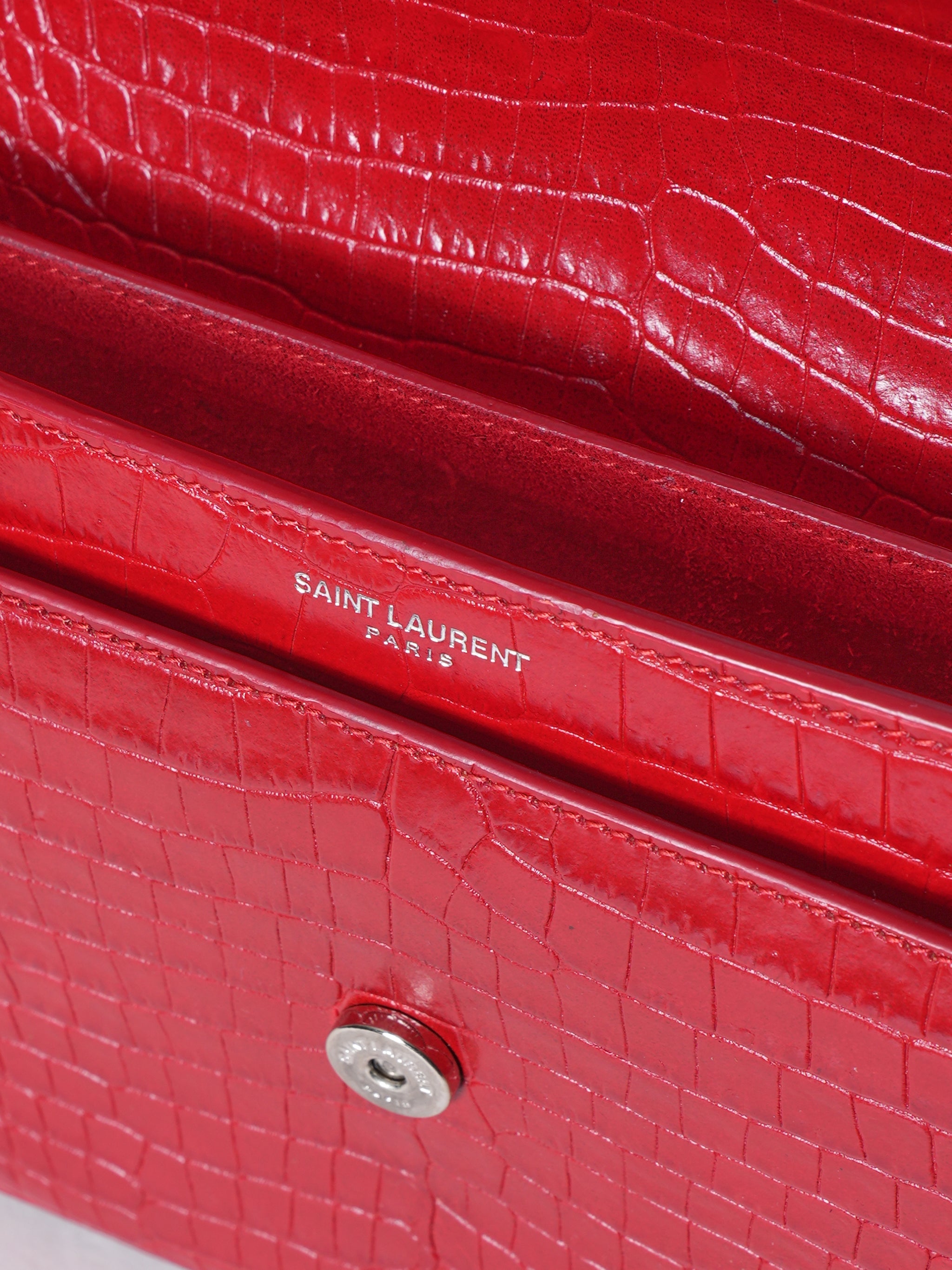 Saint Laurent Red Sunset Chain Wallet Crocodile Embossed Leather Bag