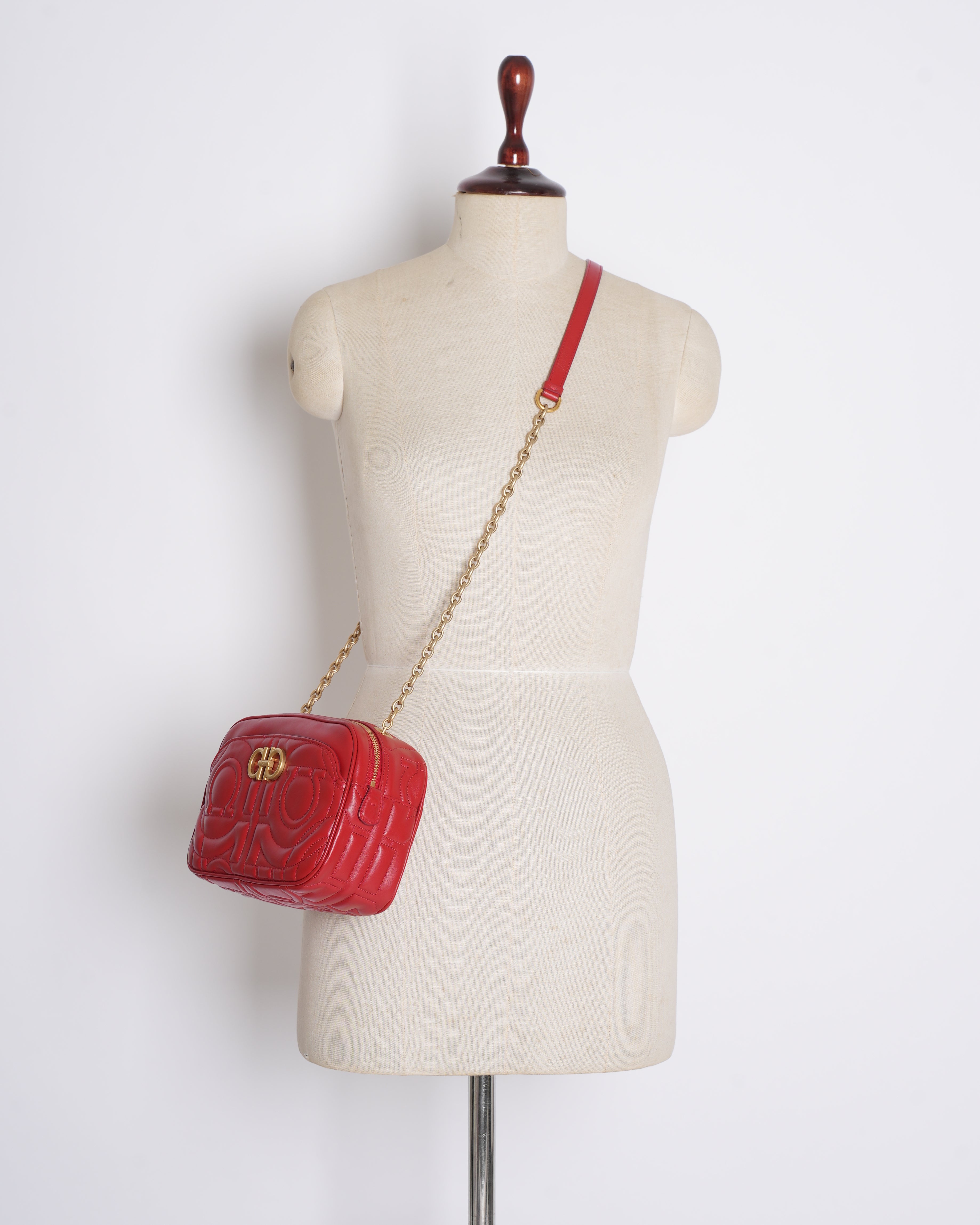 Salvatore Ferragamo Gancini Quilted Camera Bag in Red