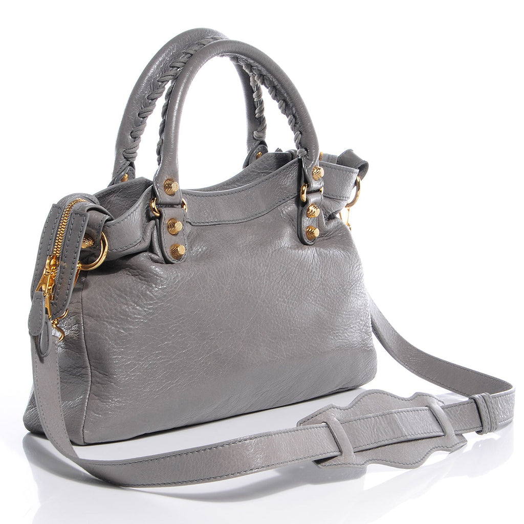 BALENCIAGA AGNEAU LAMBSKIN LEATHER  MEDIUM CITY TOWN GRIS PYRITE BAG