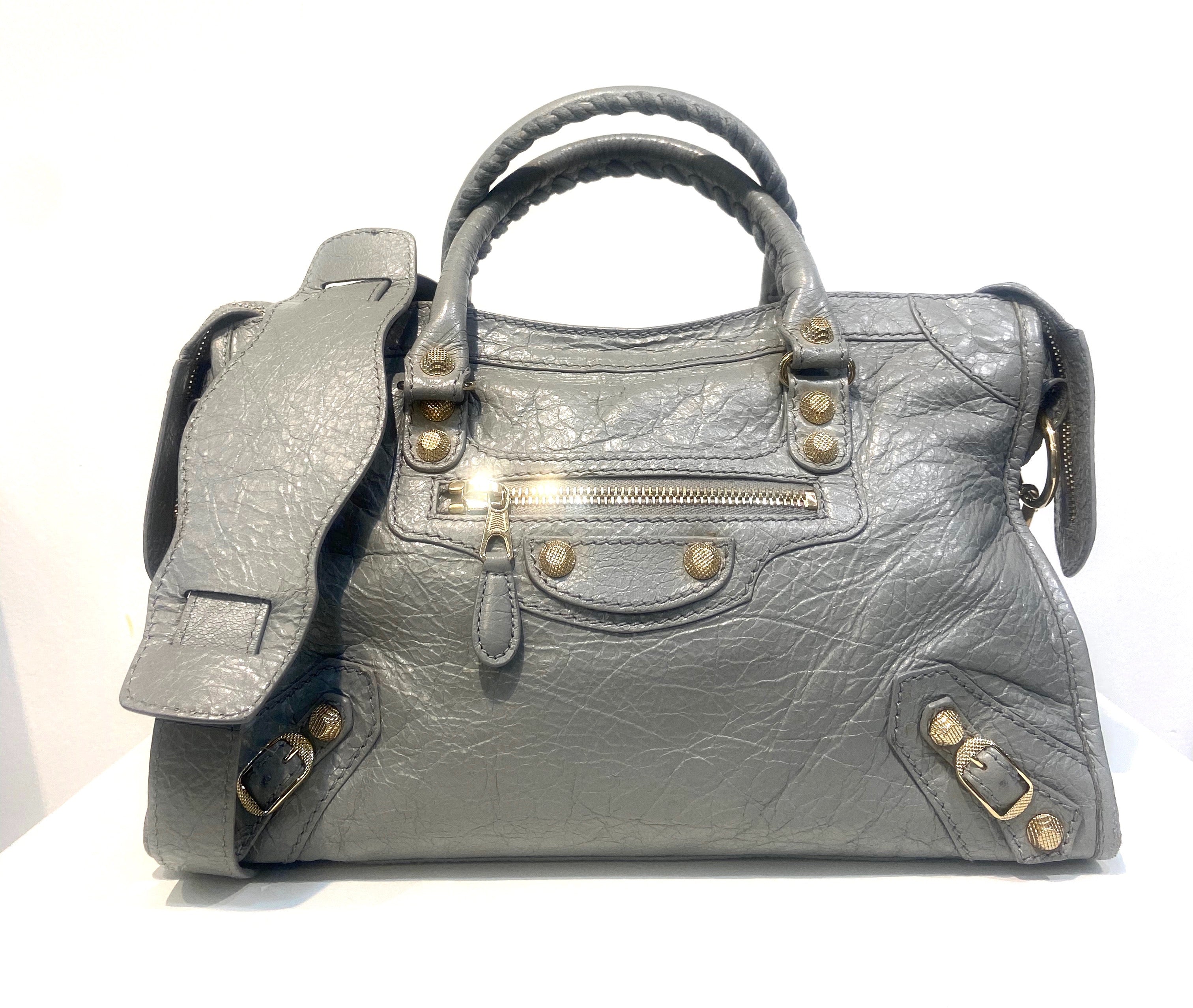 BALENCIAGA AGNEAU LAMBSKIN LEATHER  MEDIUM CITY TOWN GRIS PYRITE BAG