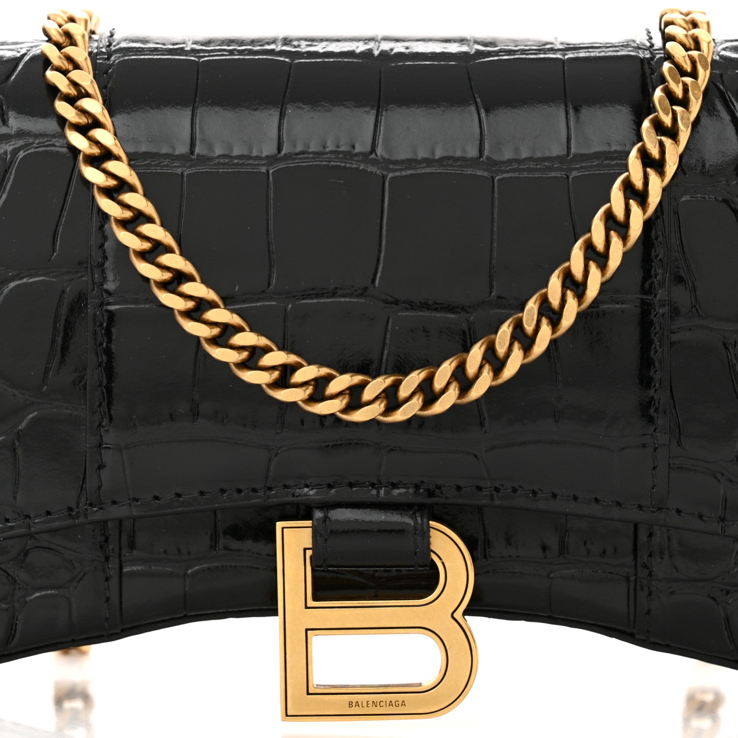 BALENCIAGA HOURGLASS CROC EMBOSSED WALLET ON CHAIN