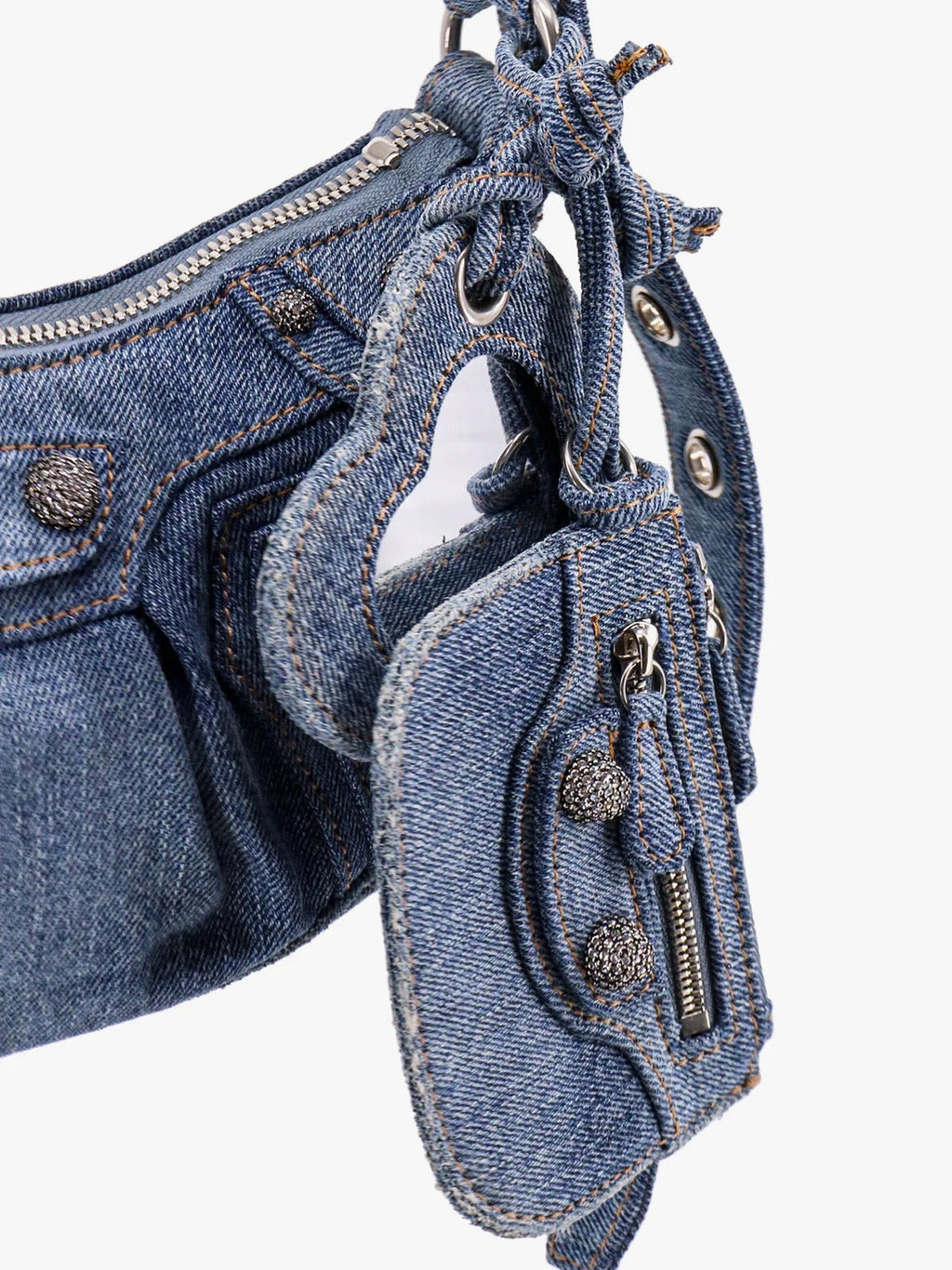 BALENCIAGA LE CAGOLE SMALL DENIM CRYSTAL SHOULDER BAG