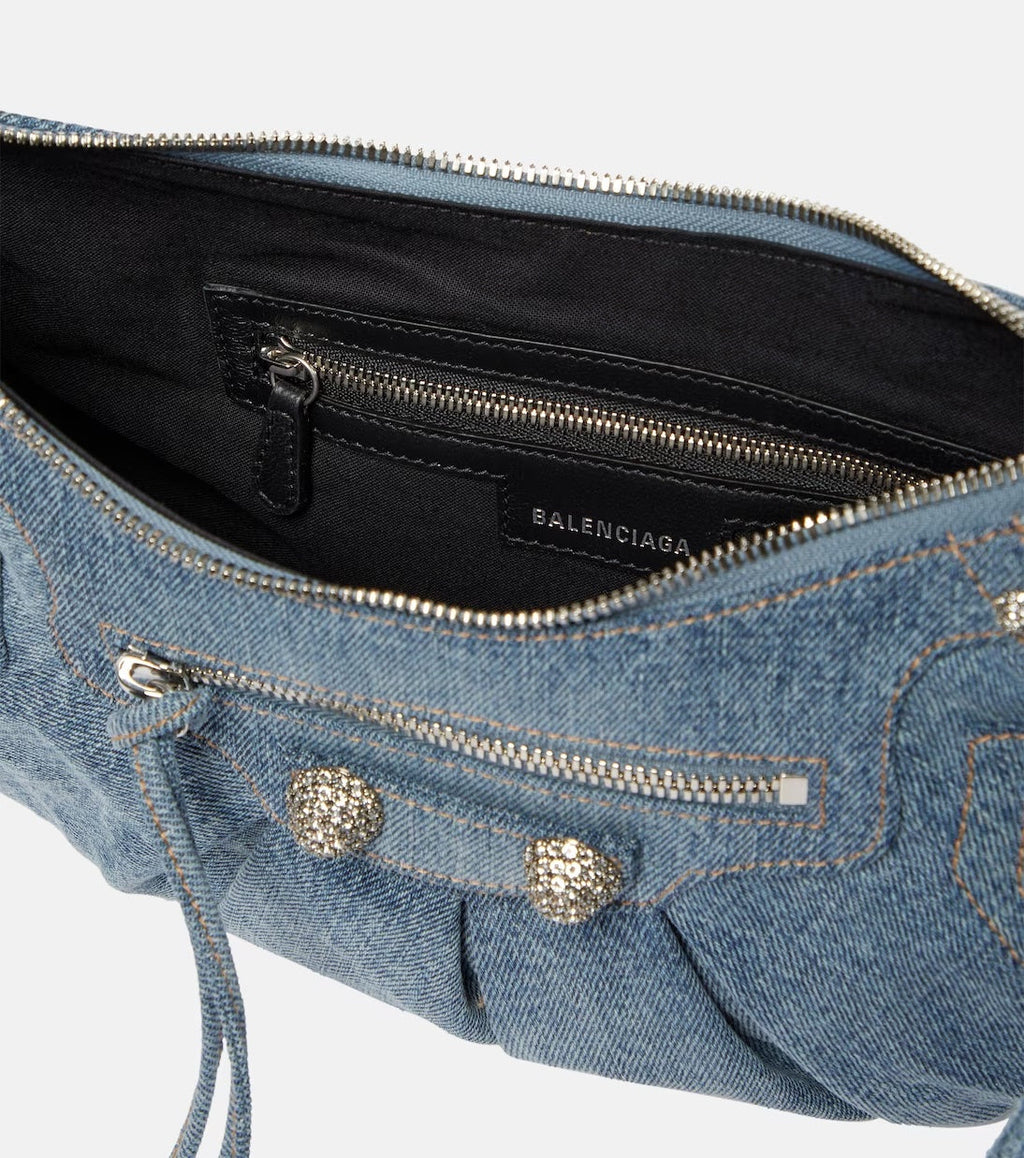 BALENCIAGA LE CAGOLE SMALL DENIM CRYSTAL SHOULDER BAG
