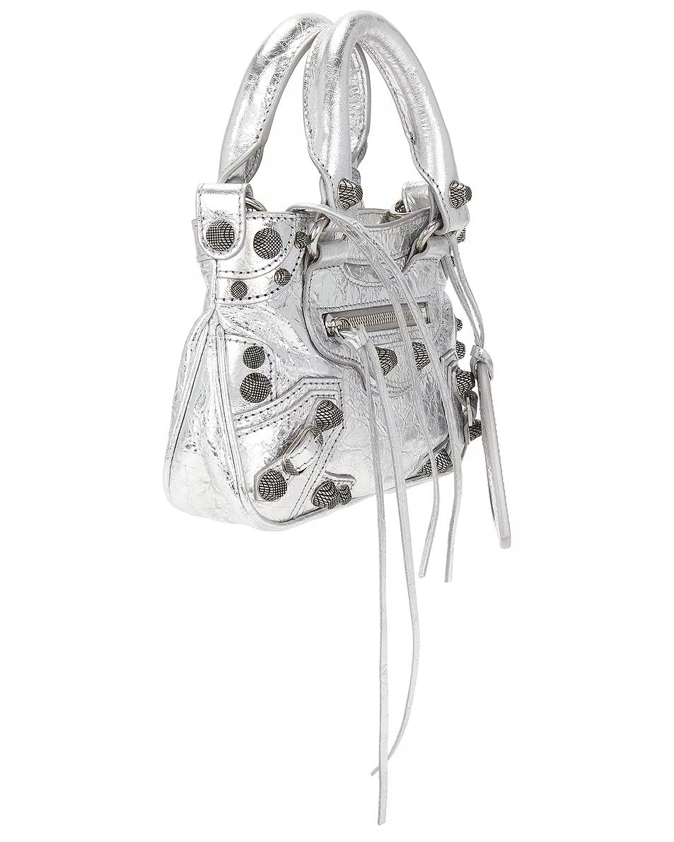 BALENCIAGA MINI NEO CAGOLE METALLIC LEATHER TOTE BAG
