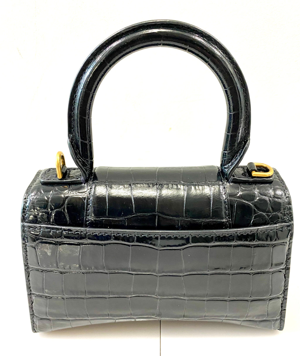 BALENCIAGA SHINY CALFSKIN CROC EMBOSSED MINI HOURGLASS BAG