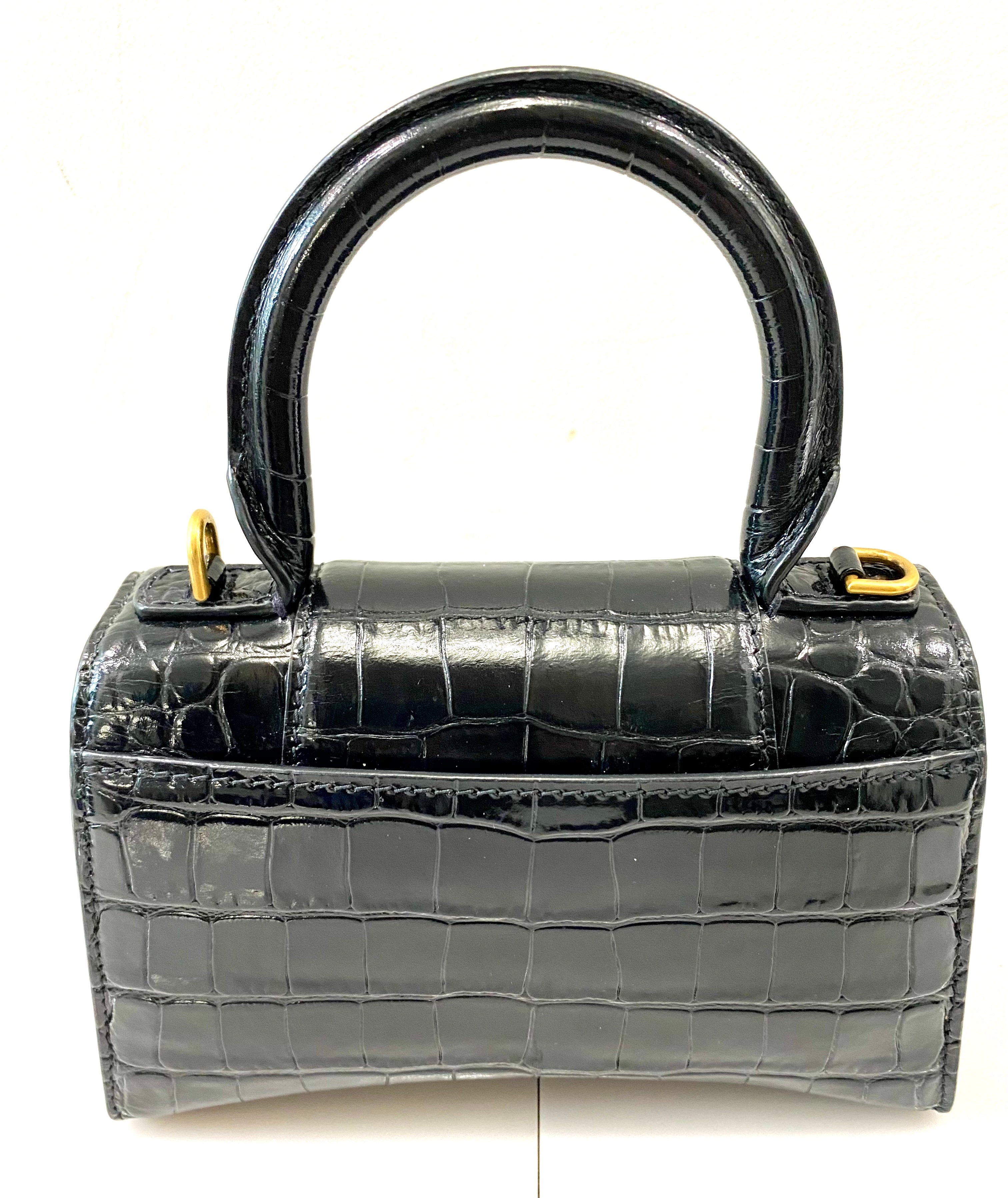BALENCIAGA SHINY CALFSKIN CROC EMBOSSED MINI HOURGLASS BAG