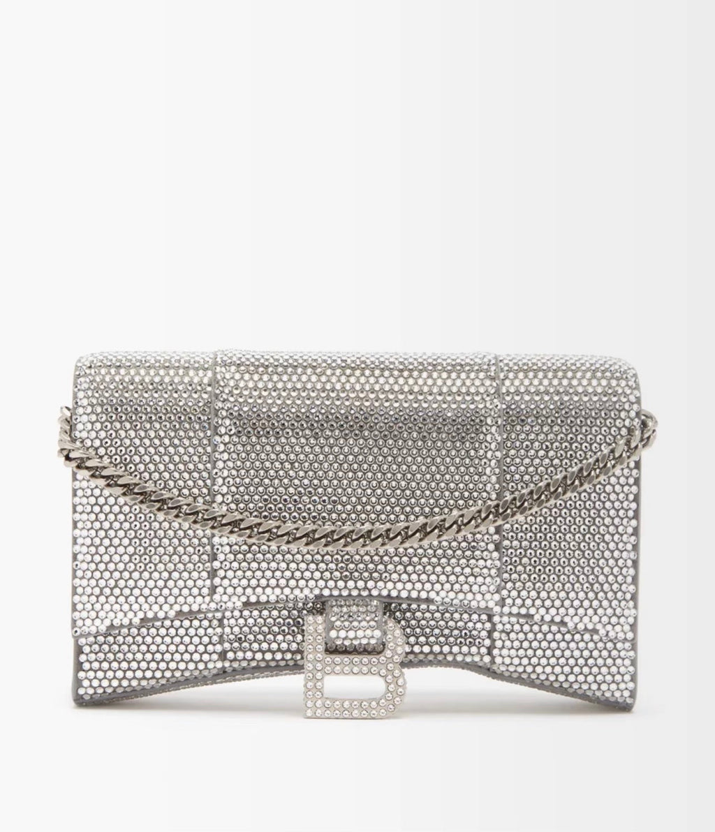 BALENCIAGA SILVER CRYSTAL HOURGLASS CROSSBODY BAG