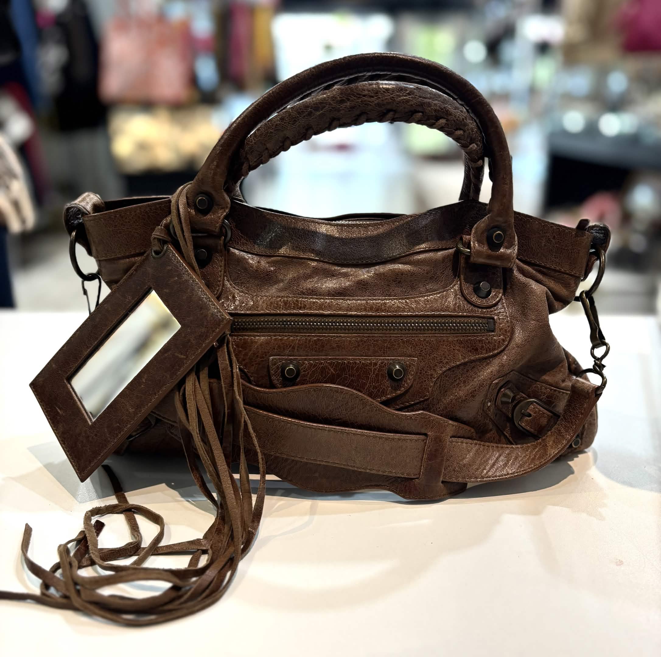 BALENCIAGA CHATAIGNE LAMBSKIN LEATHER MOTOCROSS FIRST BAG