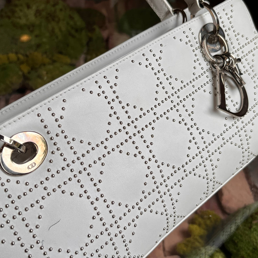 DIOR Lady Dior East West White Calfskin Leather Studded Tote Bag