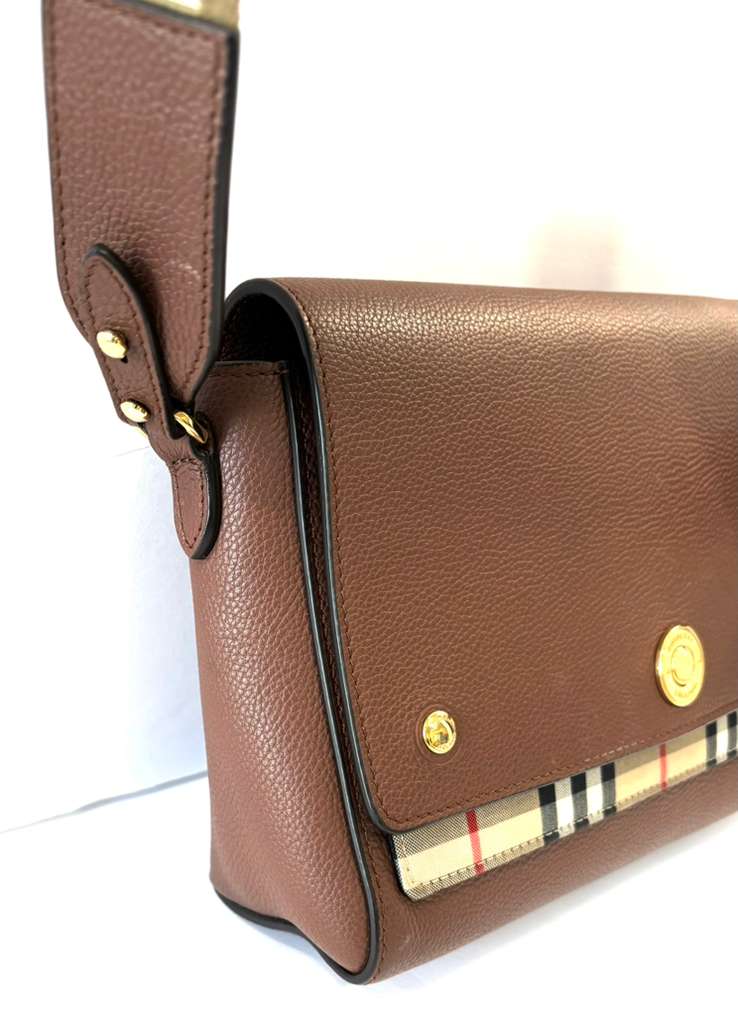BURBERRY NOTE NOVA CHECK GRAINED CALFSKIN CROSSBODY BAG