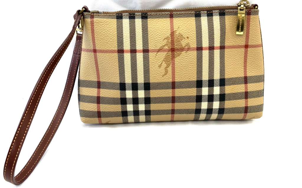 BURBERRY BEIGE HAYMARKET CHECK COATED CANVAS WRISTLET