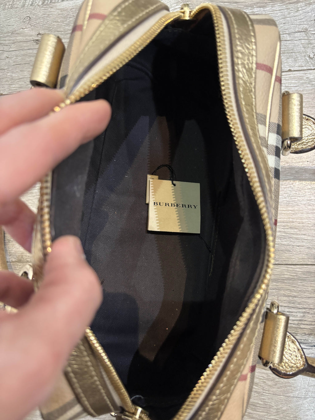 BURBERRY GOLD HAYMARKET CHECK PVC AND PATENT LEATHER BOWLER BAG