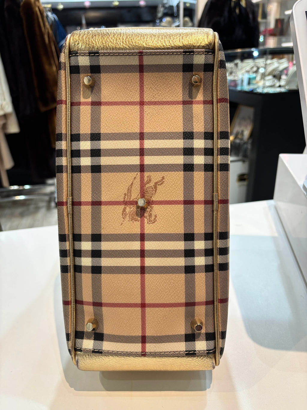 BURBERRY GOLD HAYMARKET CHECK PVC AND PATENT LEATHER BOWLER BAG