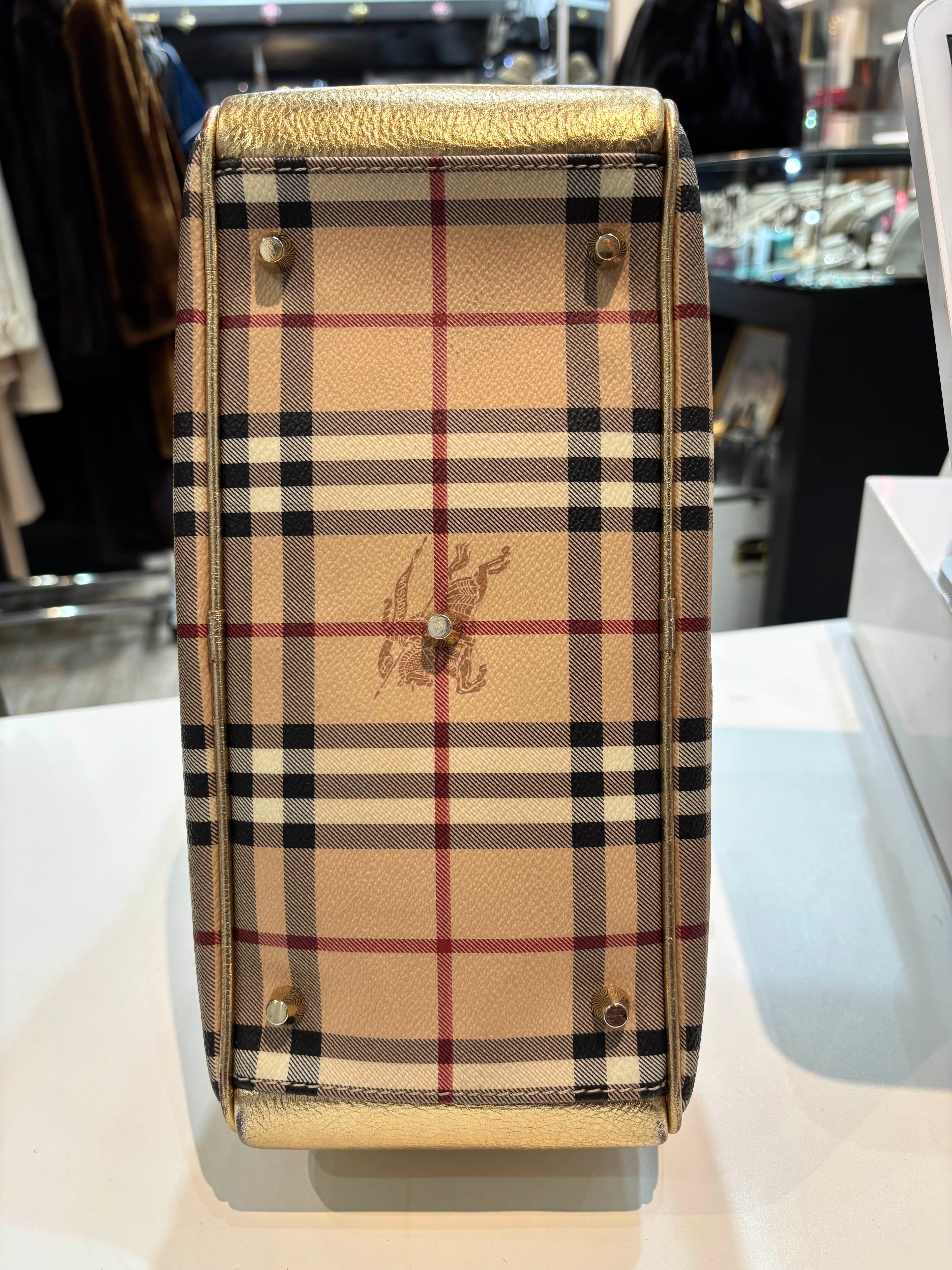 BURBERRY GOLD HAYMARKET CHECK PVC AND PATENT LEATHER BOWLER BAG