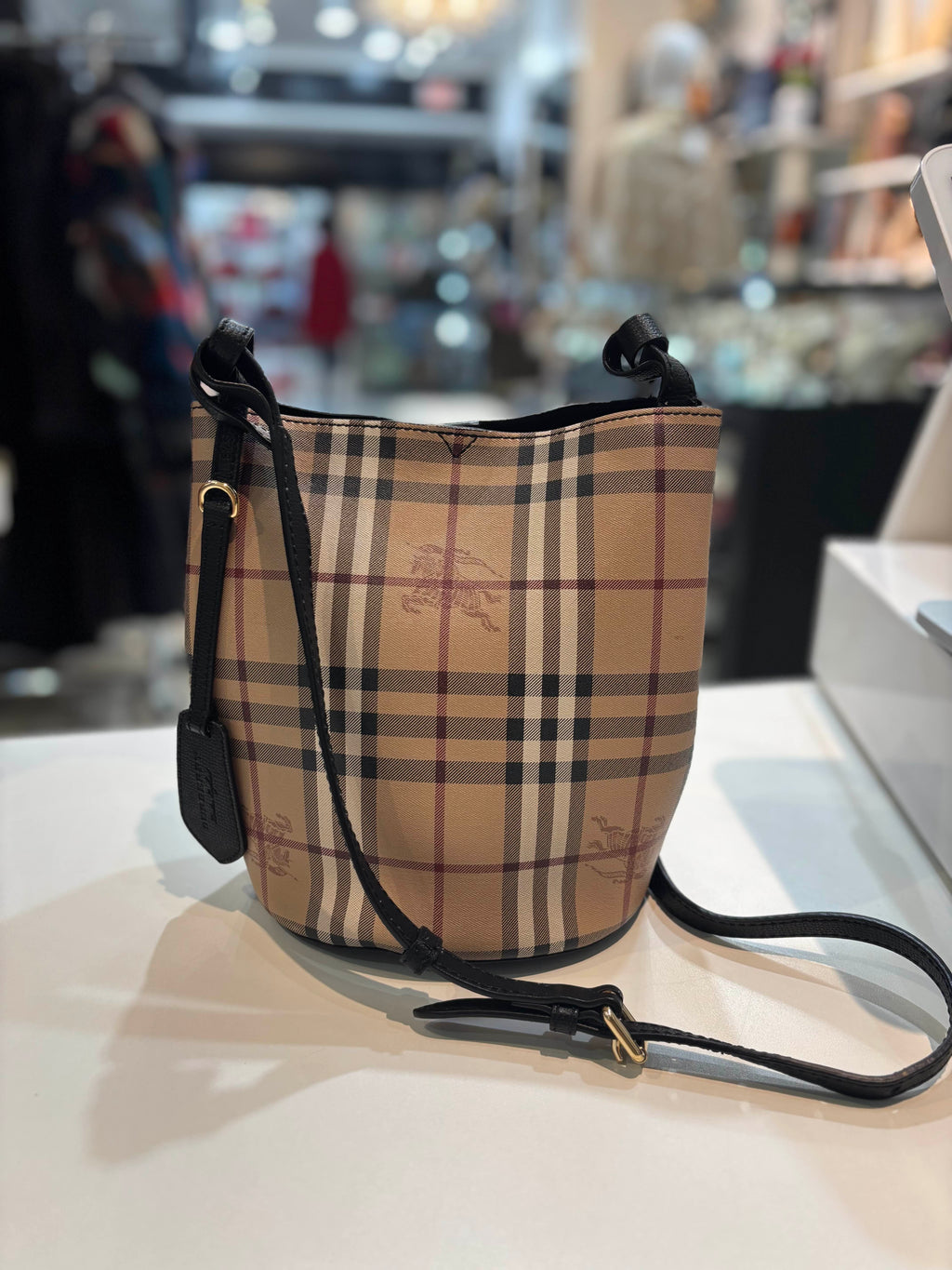 BURBERRY HAYMARKET CHECK BUCKET CROSSBODY BAG