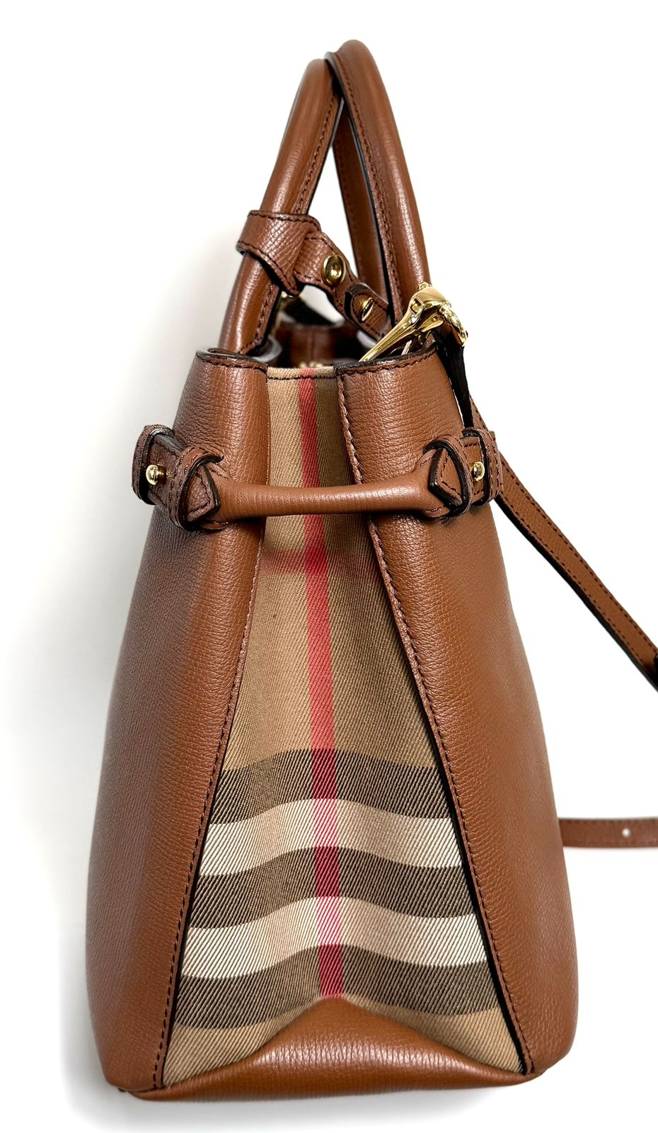 BURBERRY MEDIUM BANNER HOUSE CHECK CALFSKIN LEATHER TOTE BAG