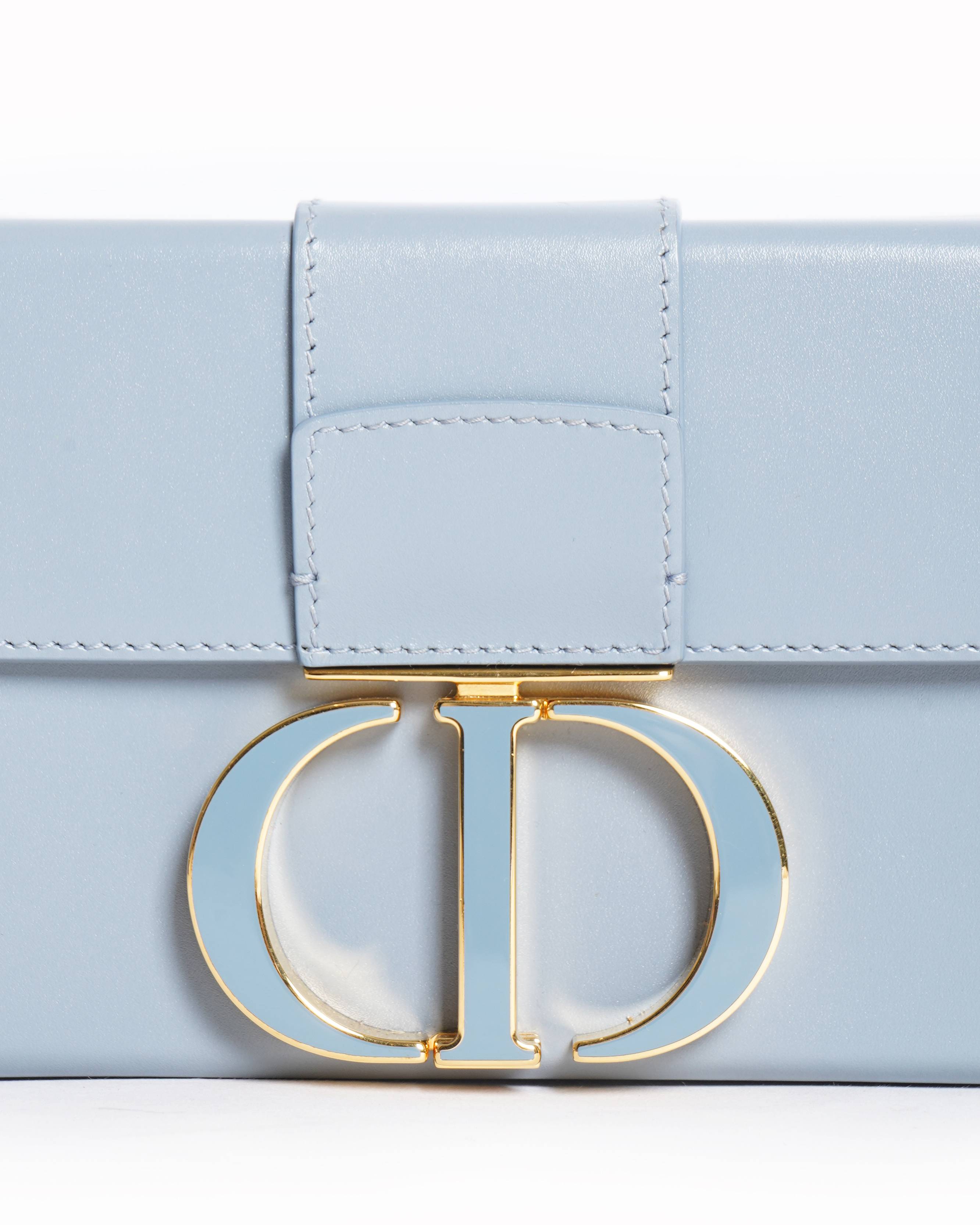 New Christian Dior 30 Montaigne Bag In Greyish Blue Leather & Gold Tone Hardware