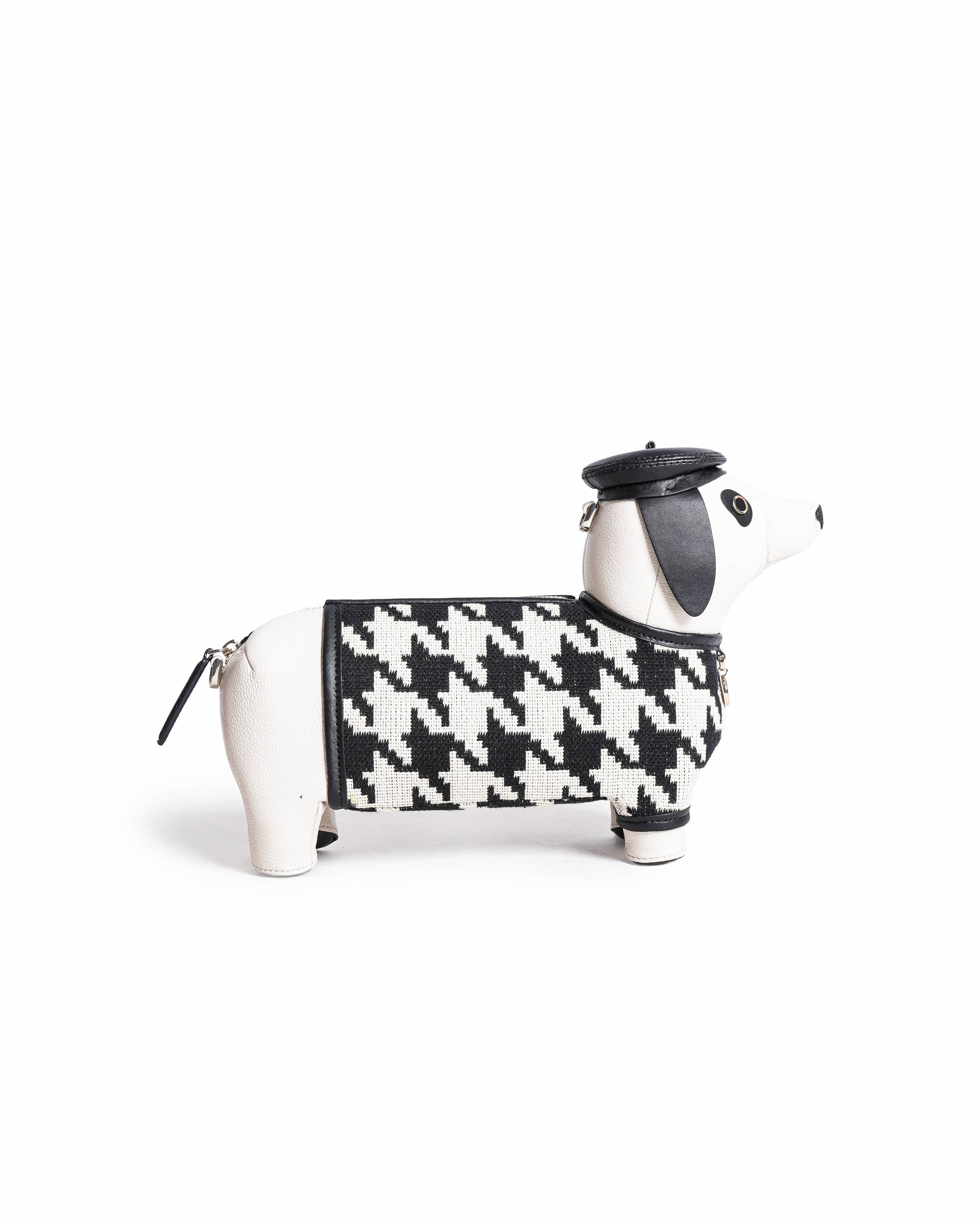 Kate Spade Claude Dog Dachshund Houndstooth Canvas Leather Crossbody Bag