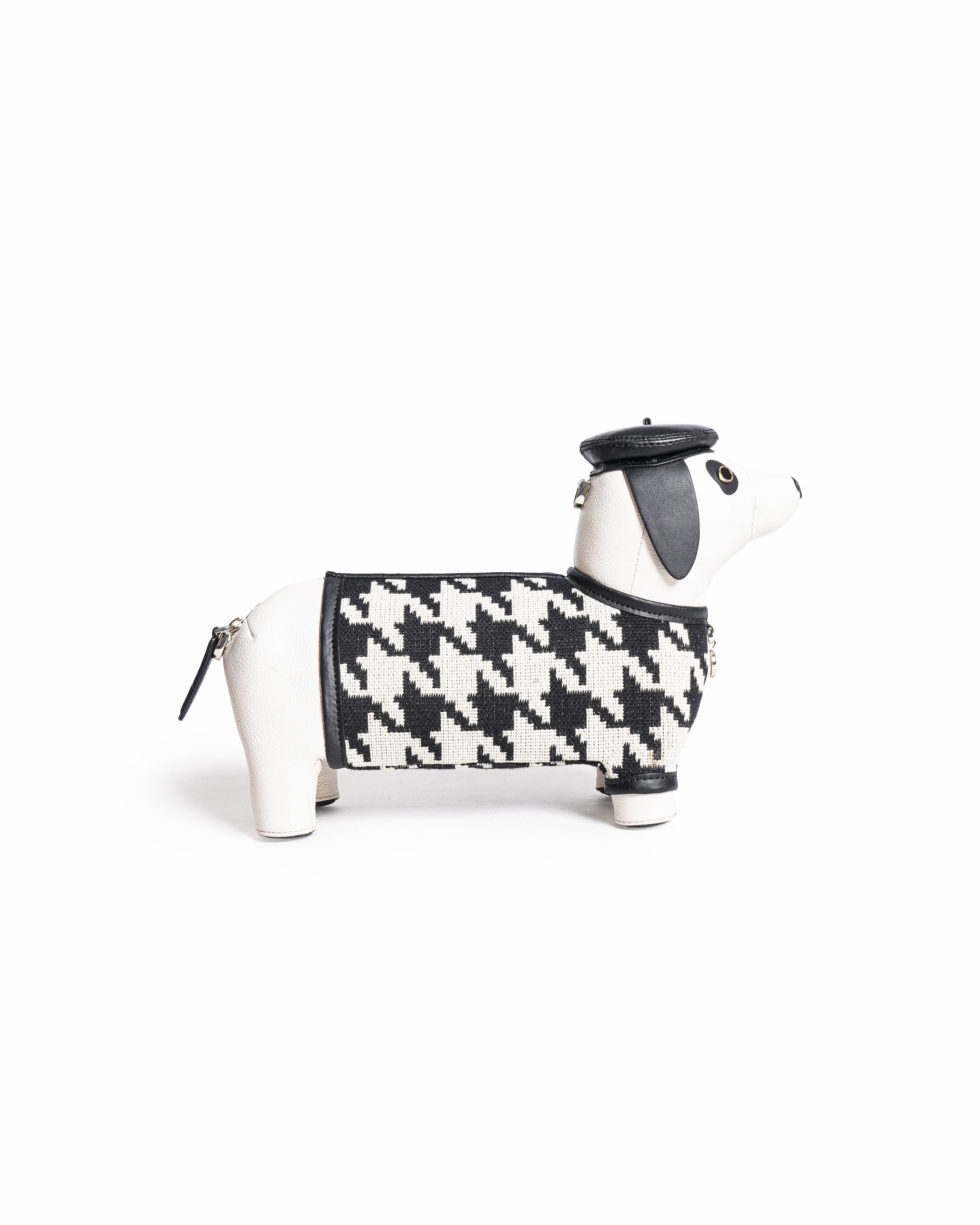 Kate Spade Claude Dog Dachshund Houndstooth Canvas Leather Crossbody Bag