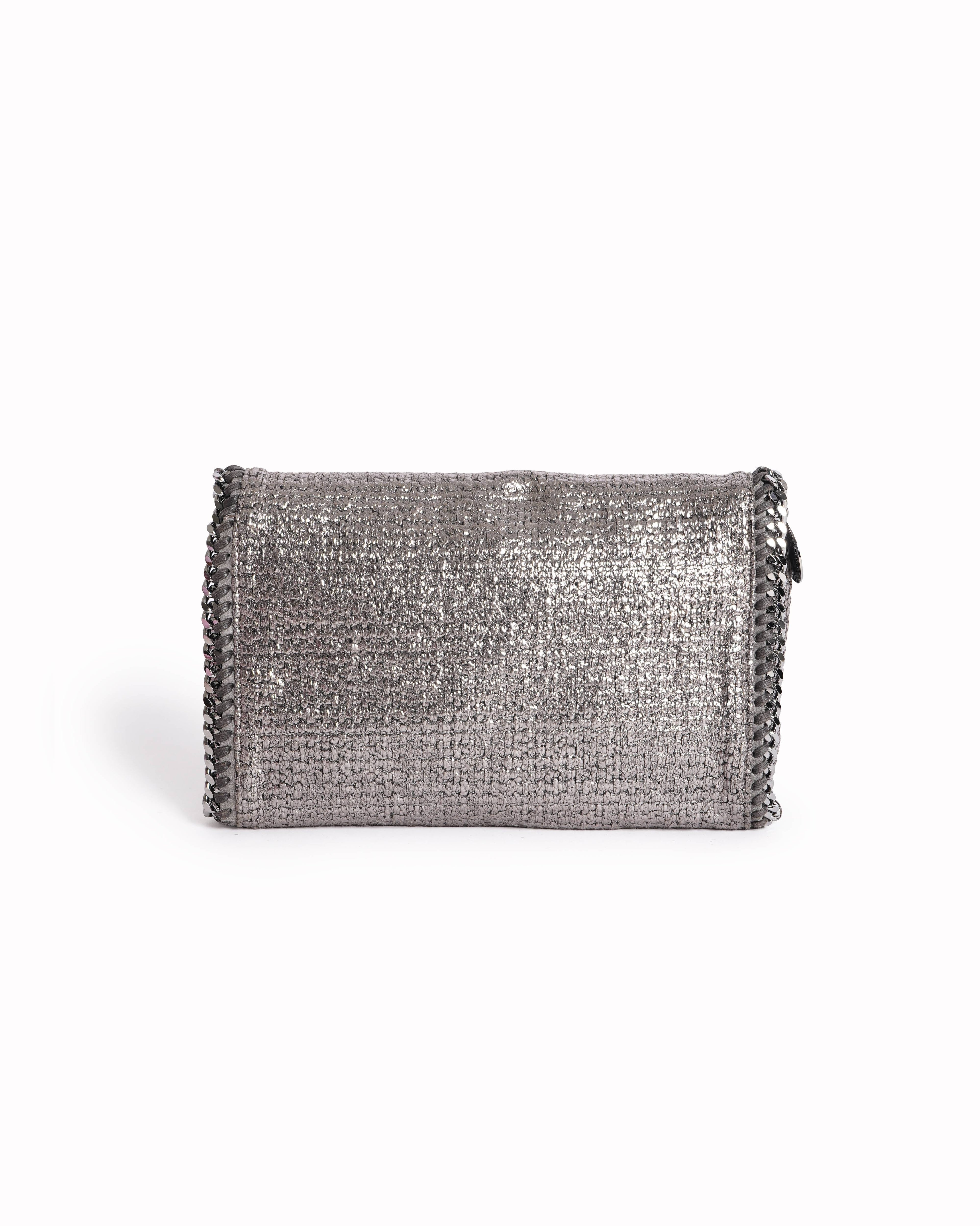 Stella Mccartney metallic grey woven falabella fold over clutch
