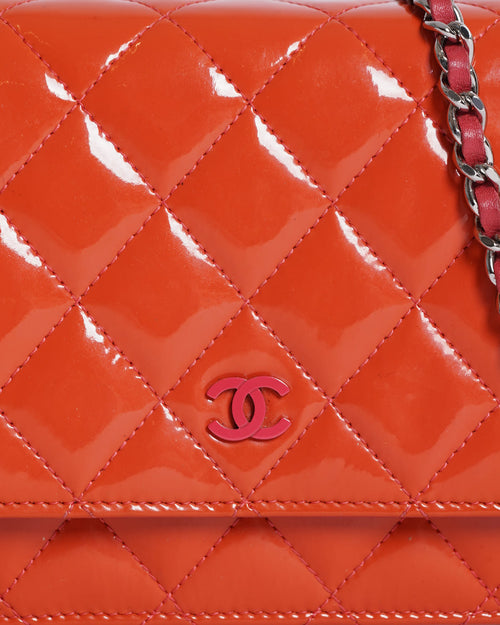 Chanel Orange Quilted Patent Leather CC Wallet on Chain