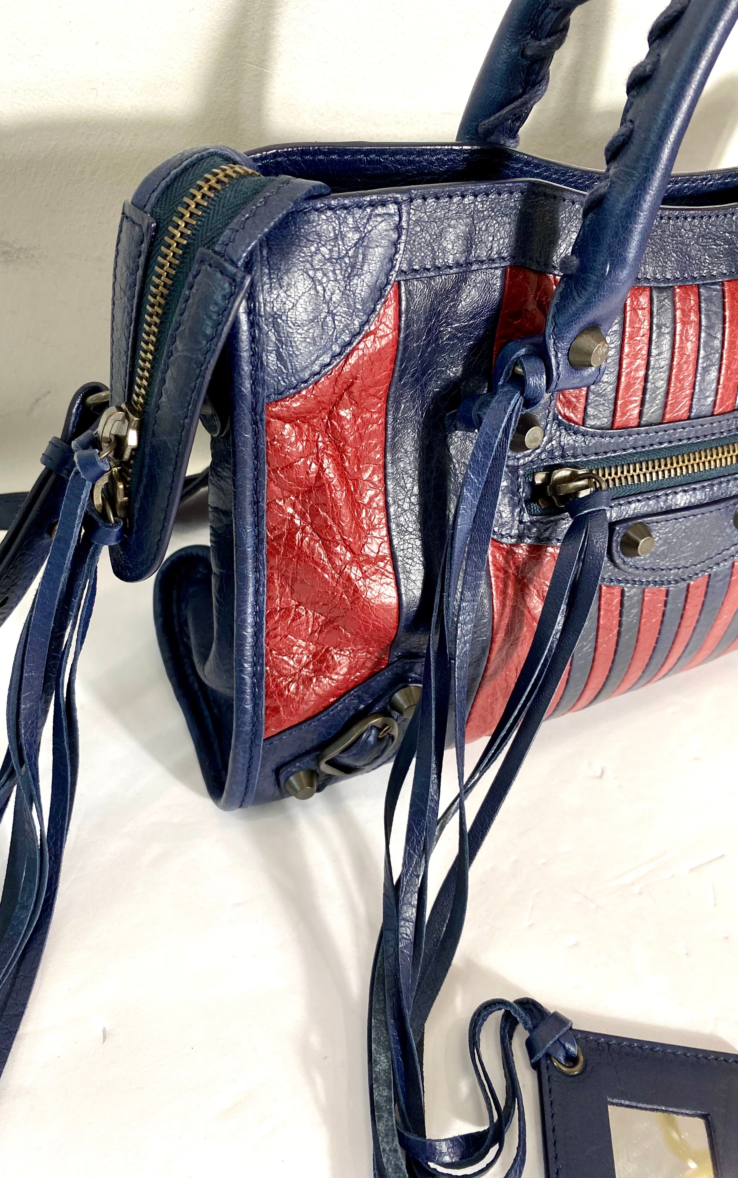 BALENCIAGA CLASSIC CITY S MARINE BORDEAUX STRIPE SATCHEL