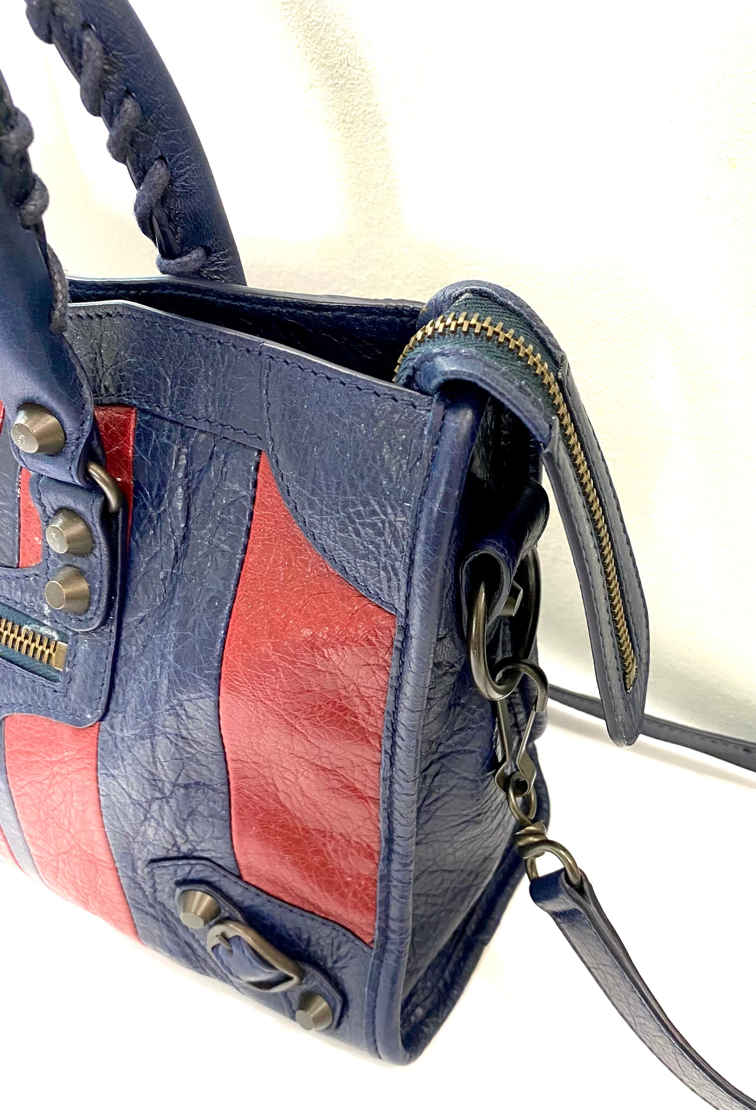 BALENCIAGA CLASSIC CITY S MARINE BORDEAUX STRIPE SATCHEL