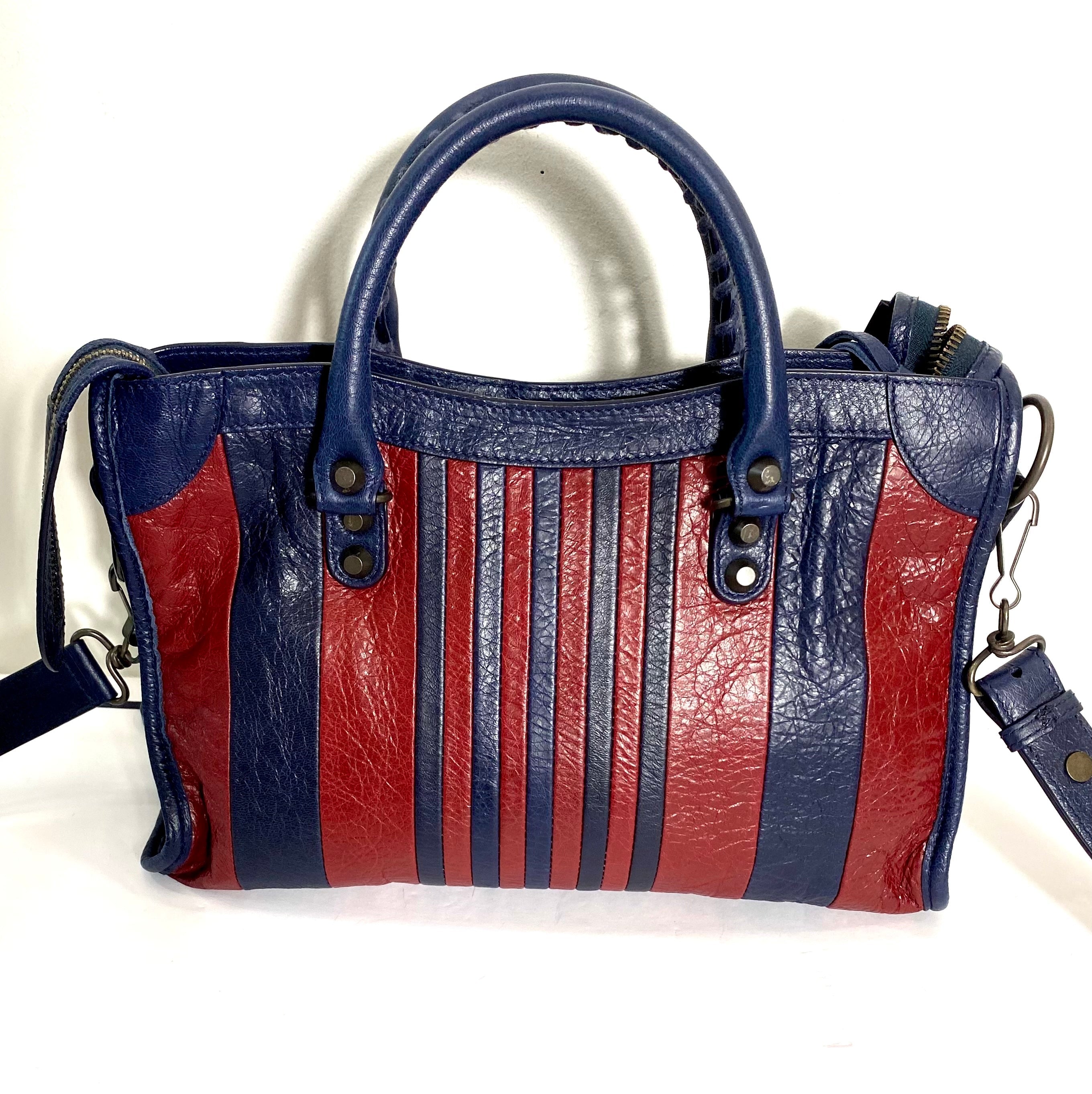 BALENCIAGA CLASSIC CITY S MARINE BORDEAUX STRIPE SATCHEL