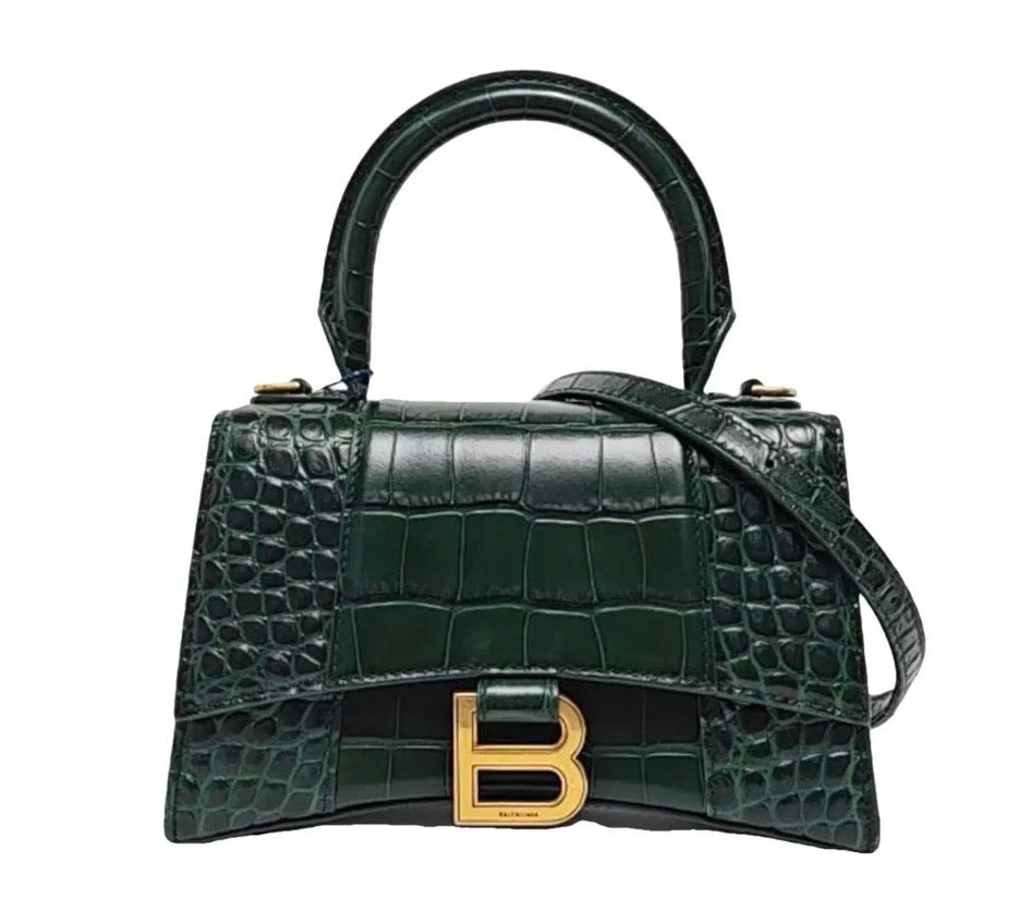 BALENCIAGA SHINY CALFSKIN CROC EMBOSSED HOURGLASS BAG