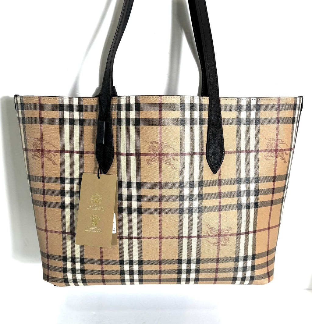 BURBERRY HAYMARKET CHECK LAVENBY BLACK MEDIUM REVERSIBLE TOTE BAG