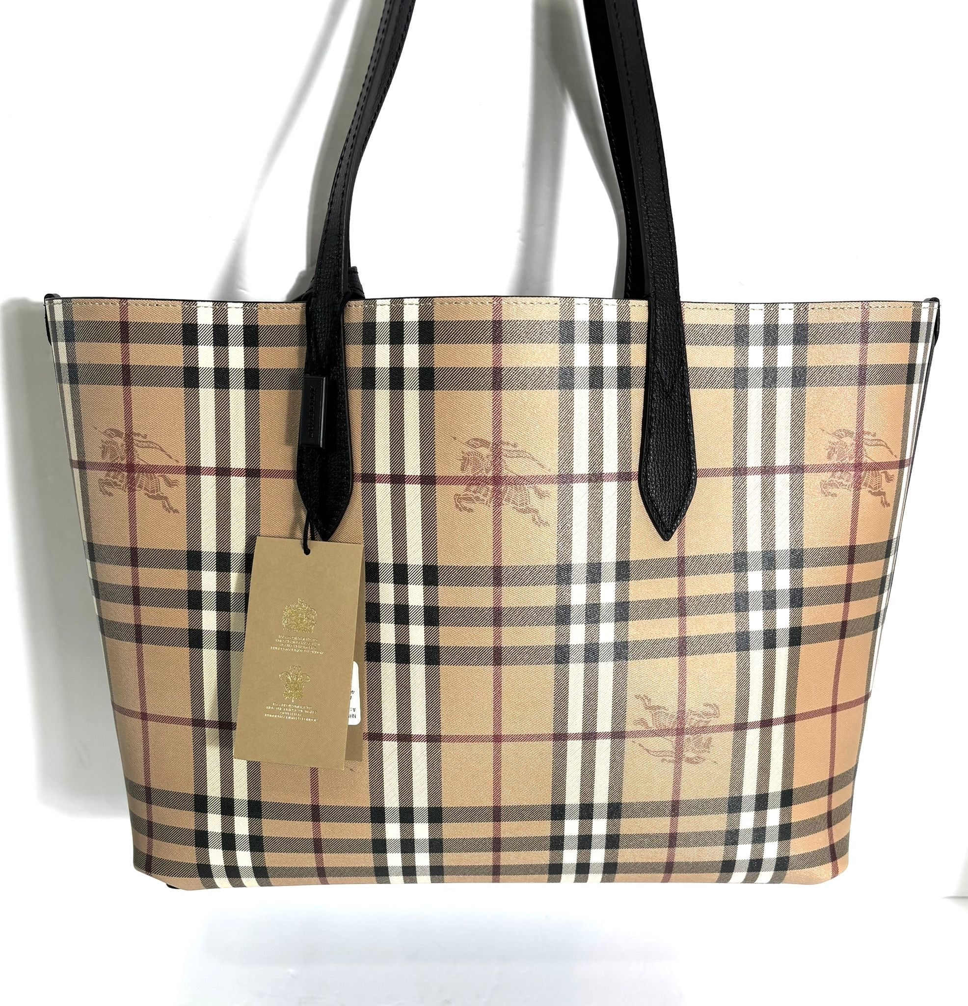 BURBERRY HAYMARKET CHECK LAVENBY BLACK MEDIUM REVERSIBLE TOTE BAG