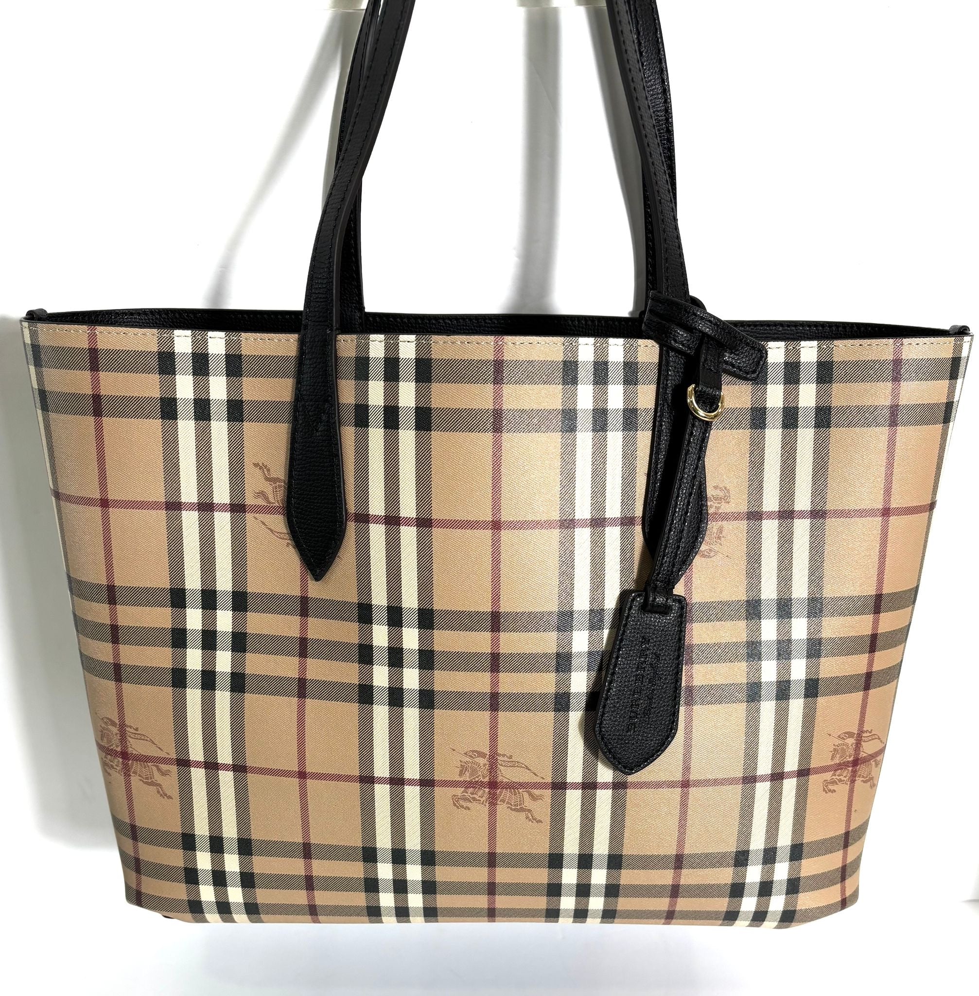 BURBERRY HAYMARKET CHECK LAVENBY BLACK MEDIUM REVERSIBLE TOTE BAG