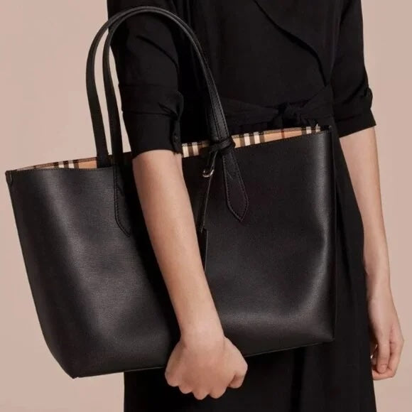 BURBERRY HAYMARKET CHECK LAVENBY BLACK MEDIUM REVERSIBLE TOTE BAG