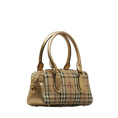 BURBERRY GOLD HAYMARKET CHECK PVC AND PATENT LEATHER BOWLER BAG