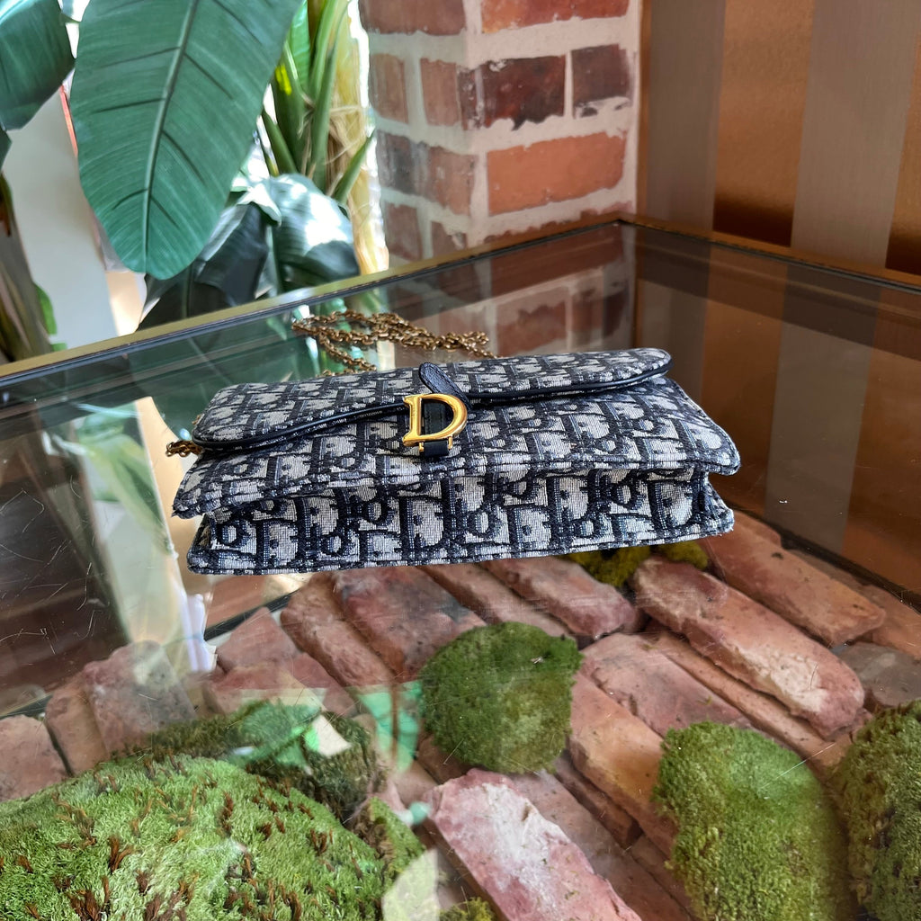 DIOR Saddle Wallet On Chain Oblique Blue Canvas Crossbody Bag