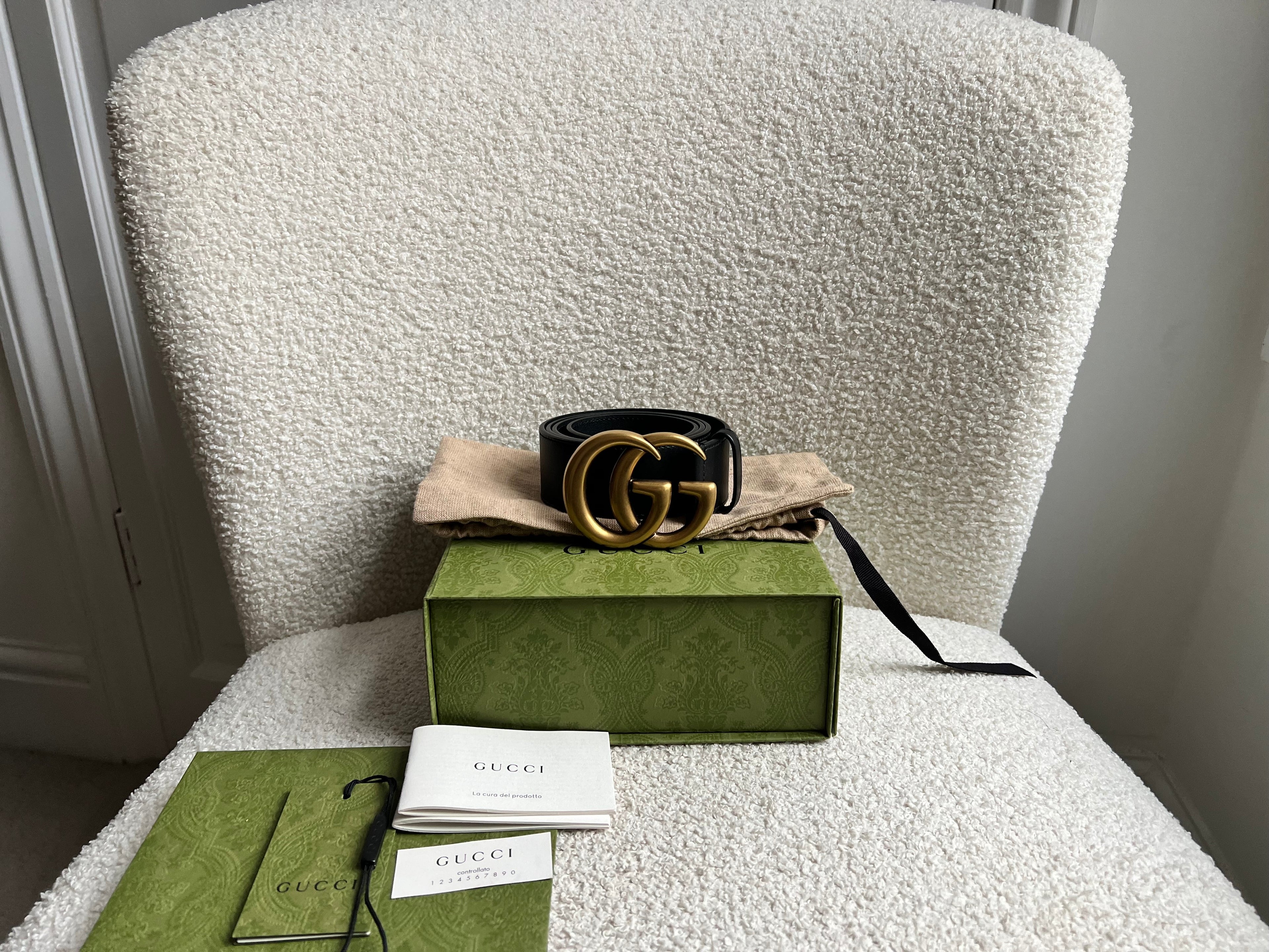 Gucci GG Marmont Black Wide Leather Belt with Shiny Gold Buckle (RRP £410)