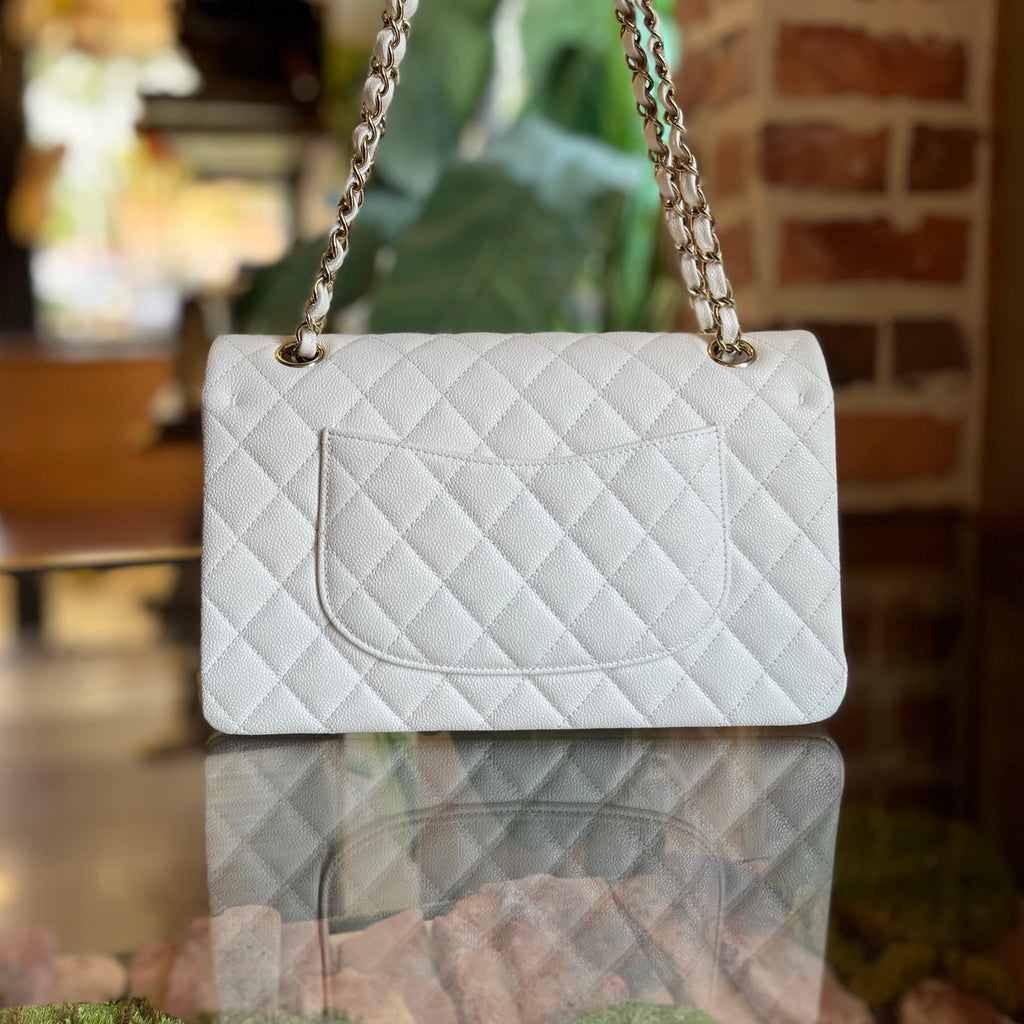 CHANEL Medium Double Flap White Caviar Leather Shoulder Bag