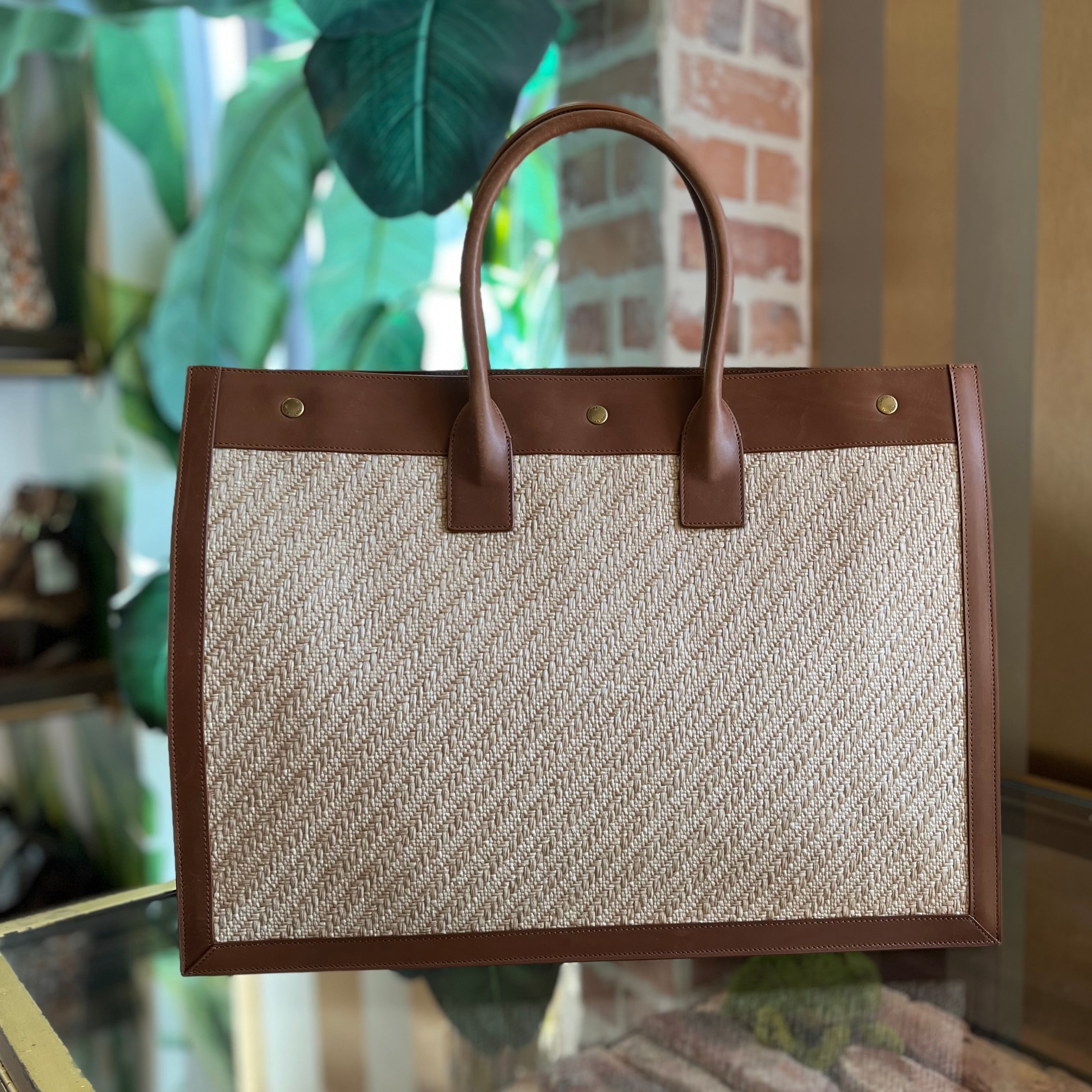SAINT LAURENT Rive Gauche Raffia Linen Calfskin Tote