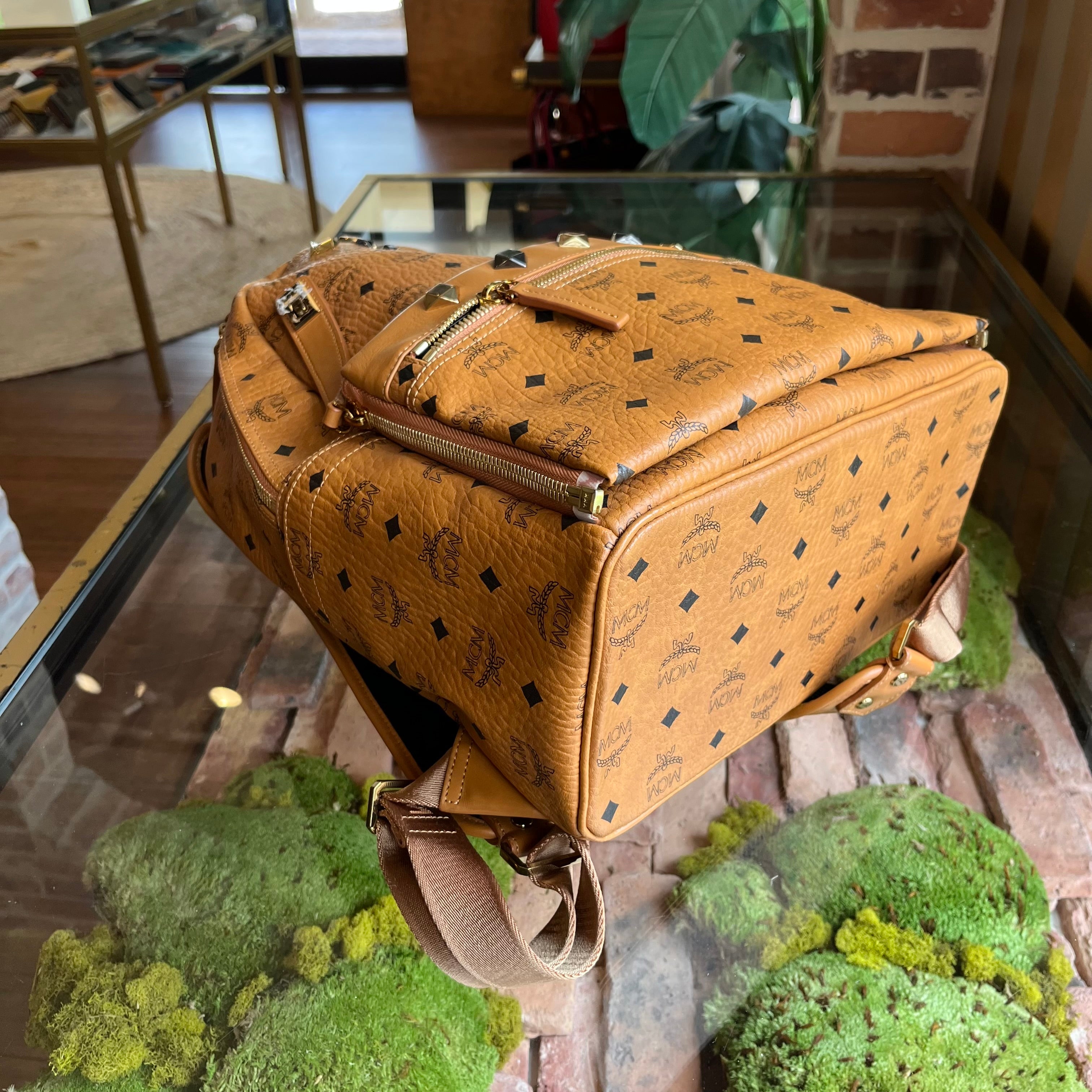 MCM Medium Dual Stark Cognac Visetos Monogram Studded Backpack