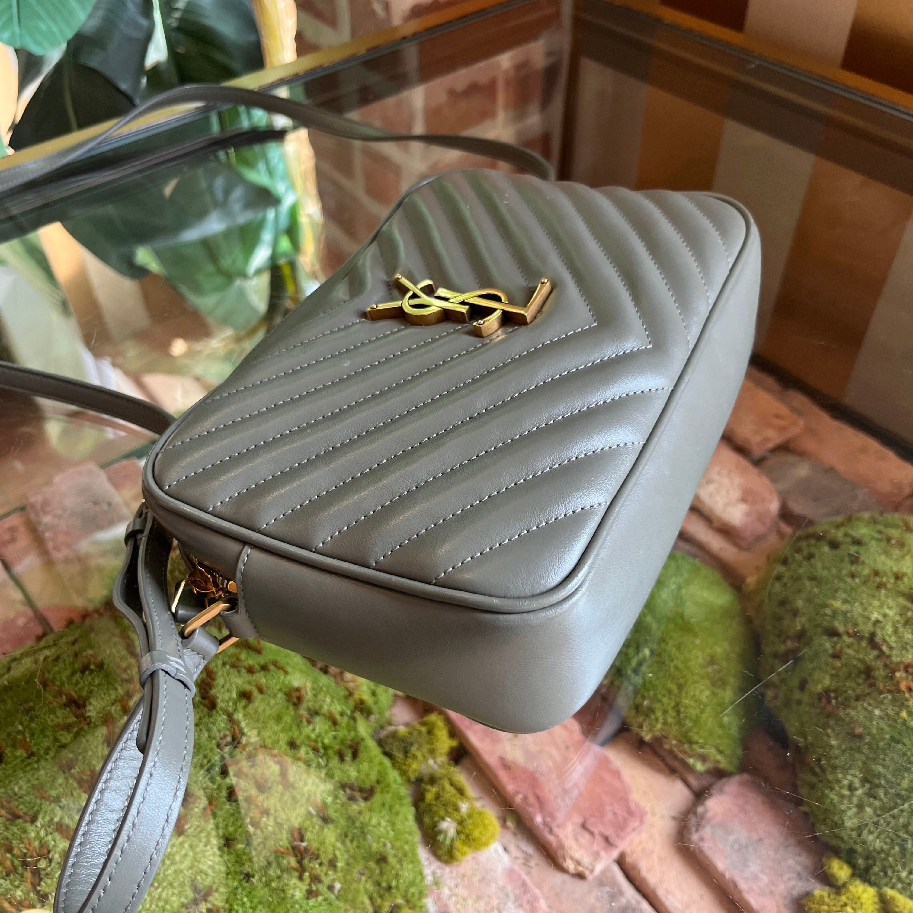 SAINT LAURENT Lou Camera Gray Chevron Quilted Crossbody Bag