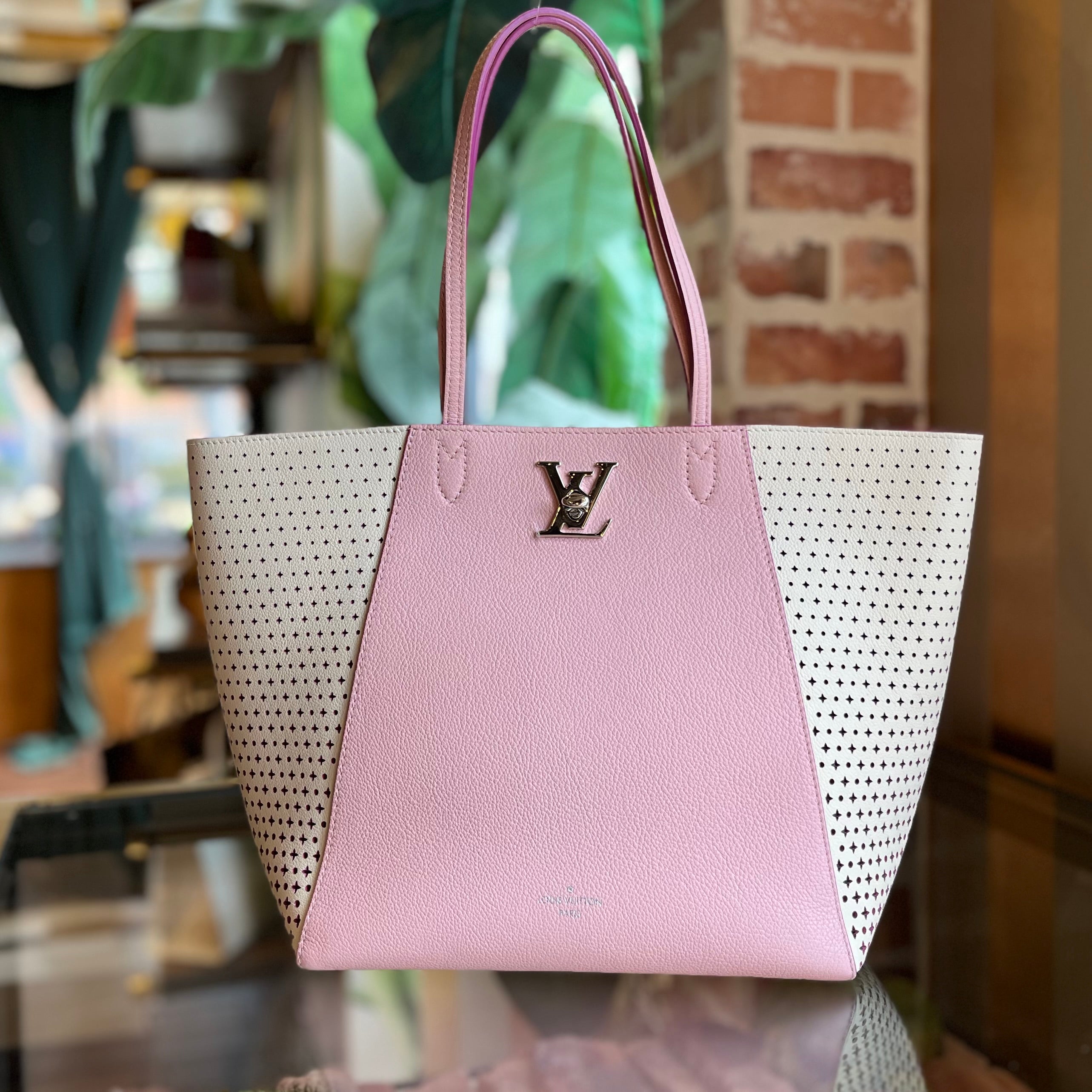 LOUIS VUITTON LockMe Cabas Pink Perforated Leather Monogram Flower Tote Bag