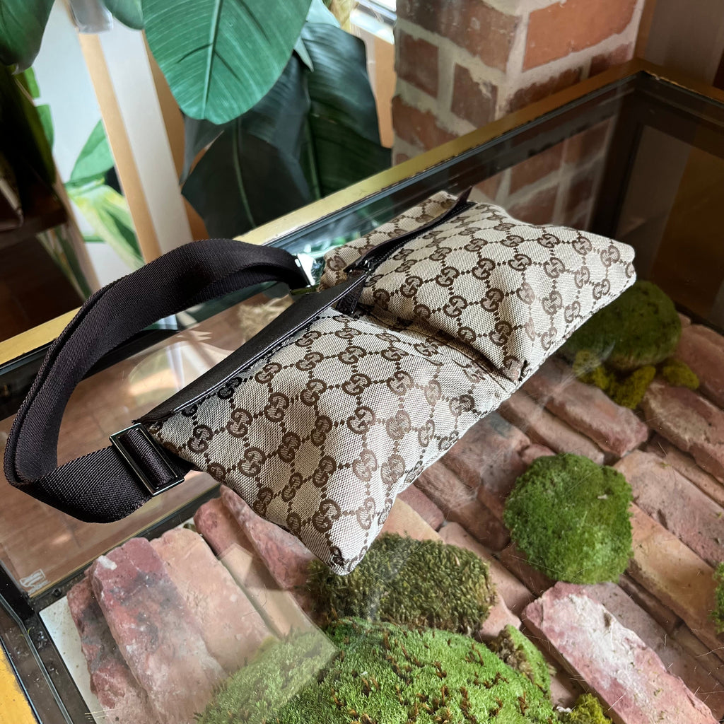 GUCCI Beige GG Monogram Canvas Double Pocket Belt Bag