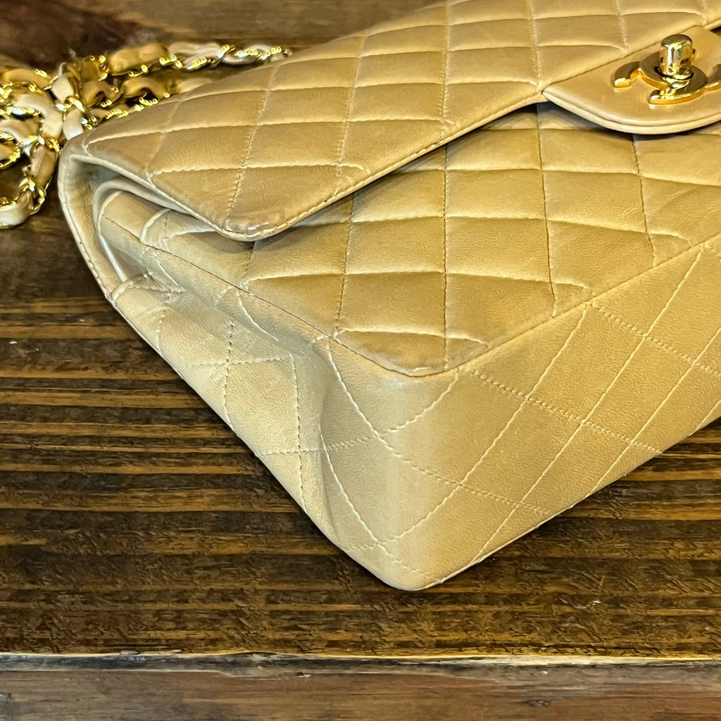 CHANEL Classic Double Flap Medium Beige Quilted Lambskin Vintage Shoulder Bag