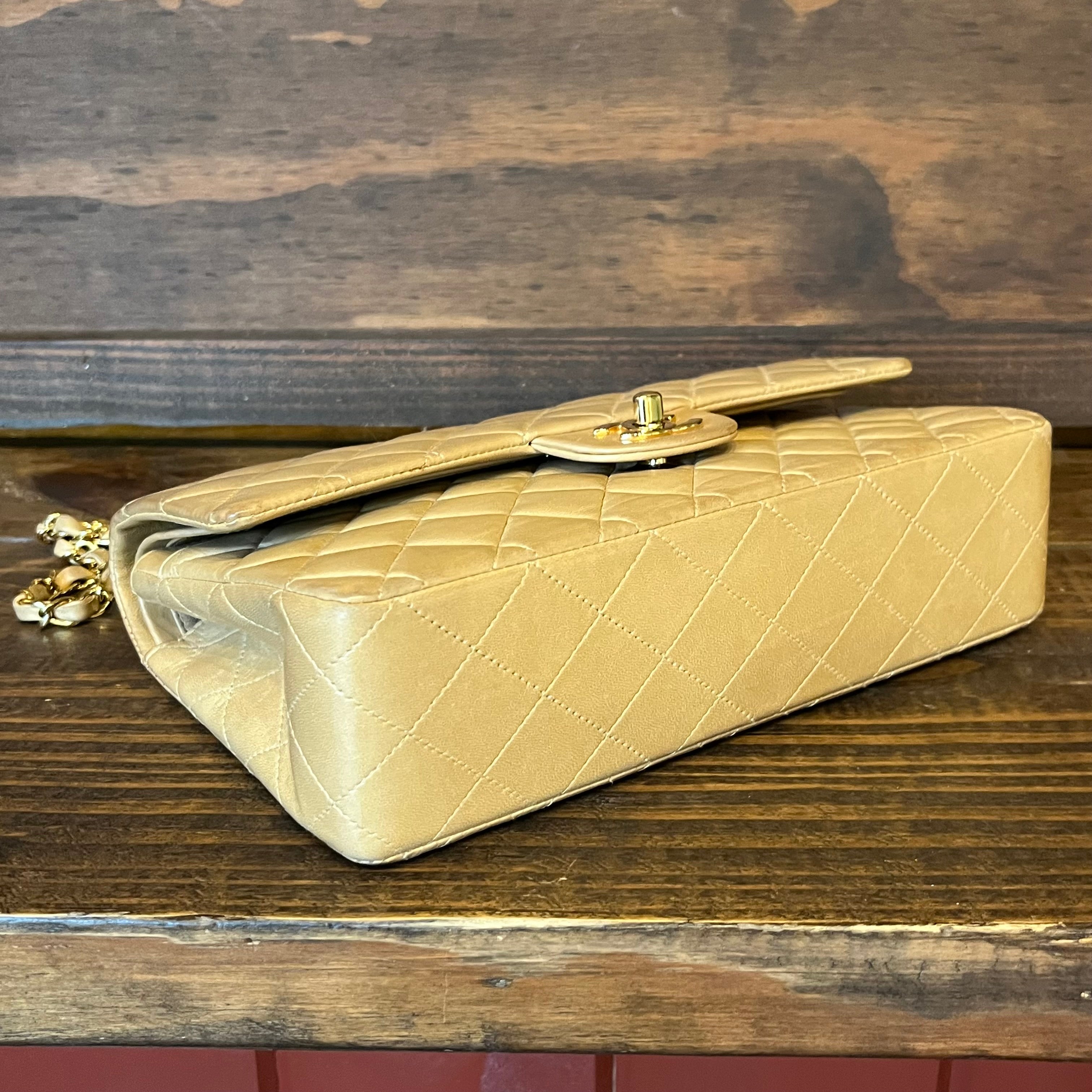 CHANEL Classic Double Flap Medium Beige Quilted Lambskin Vintage Shoulder Bag