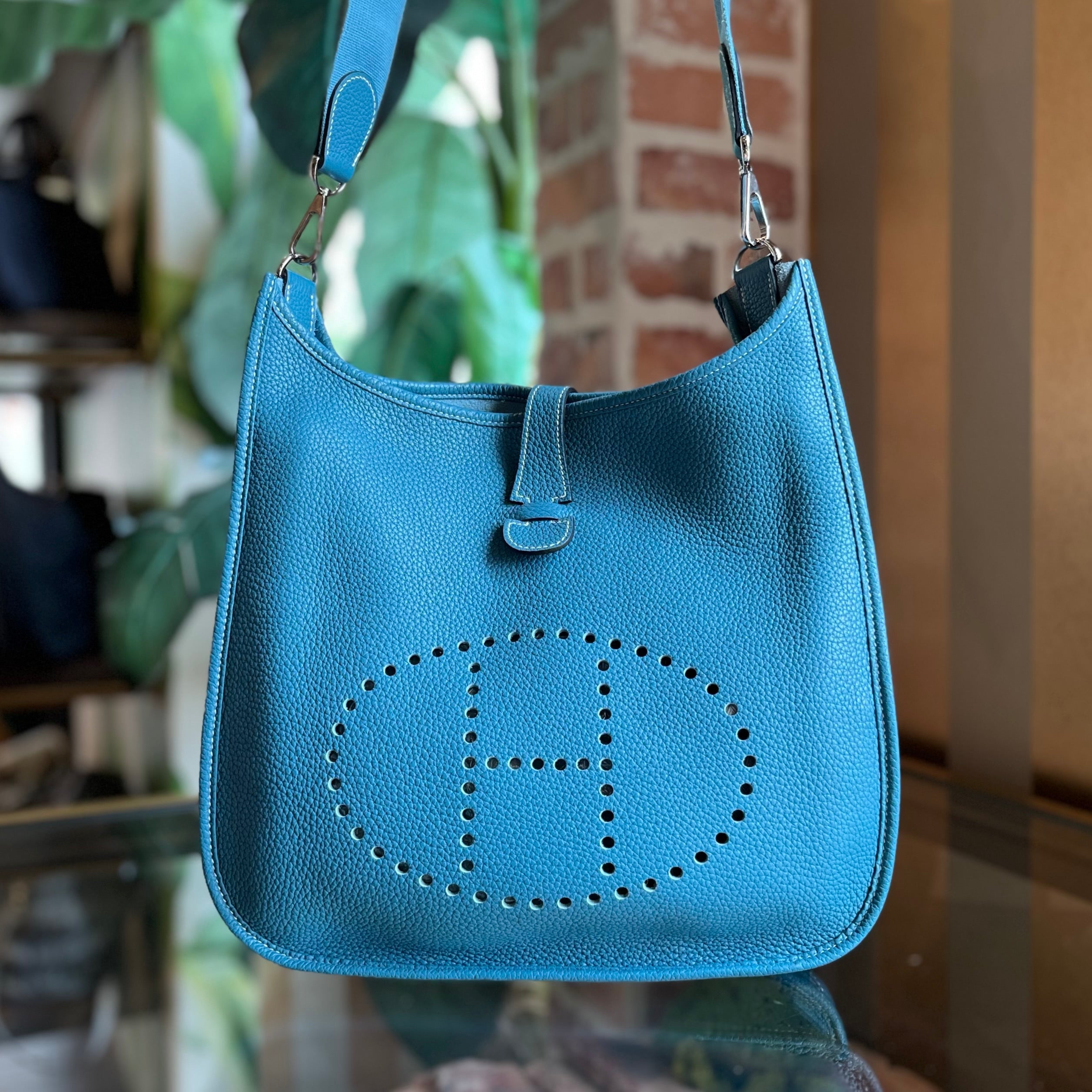 HERMES Evelyne PM III Blue Jean Clemence Leather Crossbody Bag